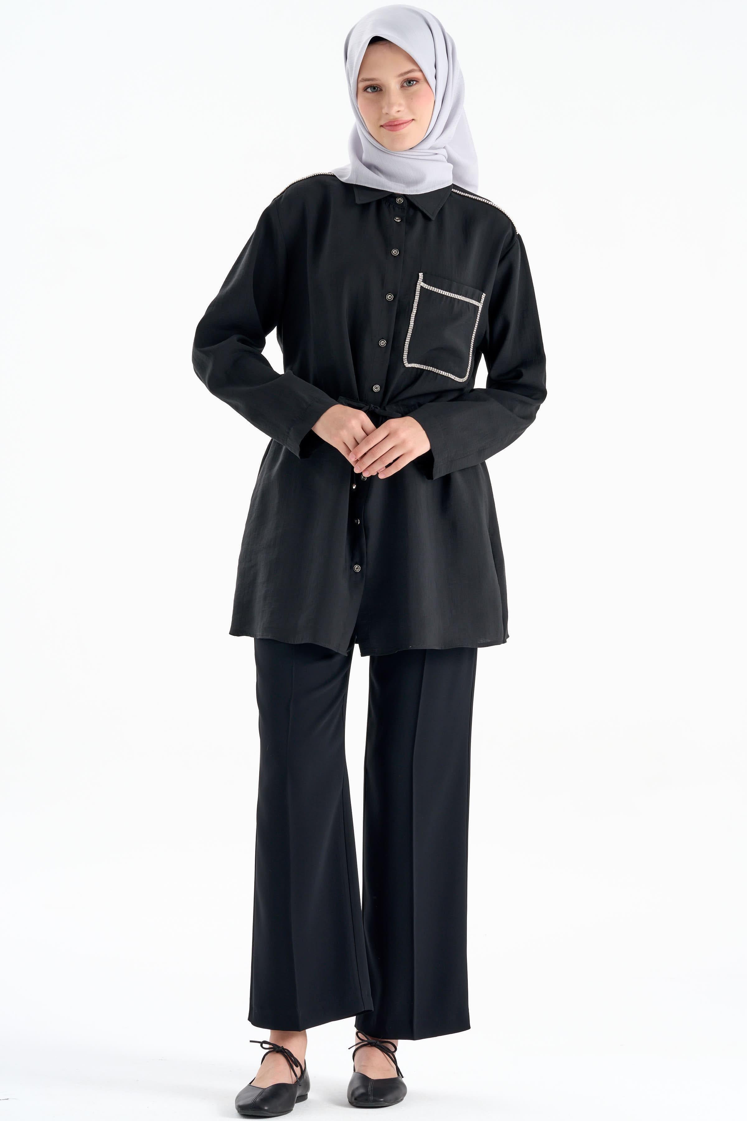 Taş Şeritli Beli Bağlamalı Tunik - Siyah TUGBA