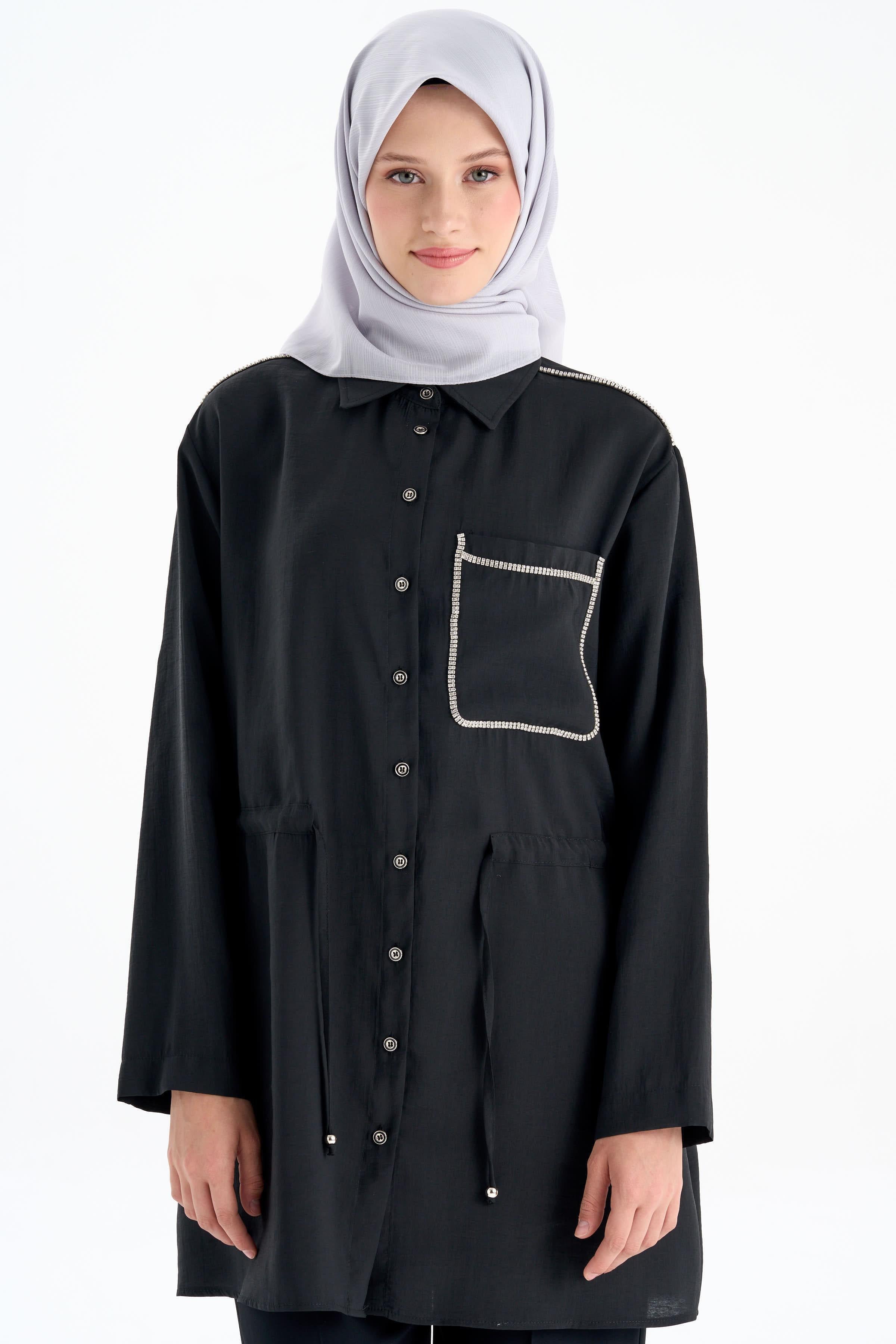 Taş Şeritli Beli Bağlamalı Tunik - Siyah TUGBA