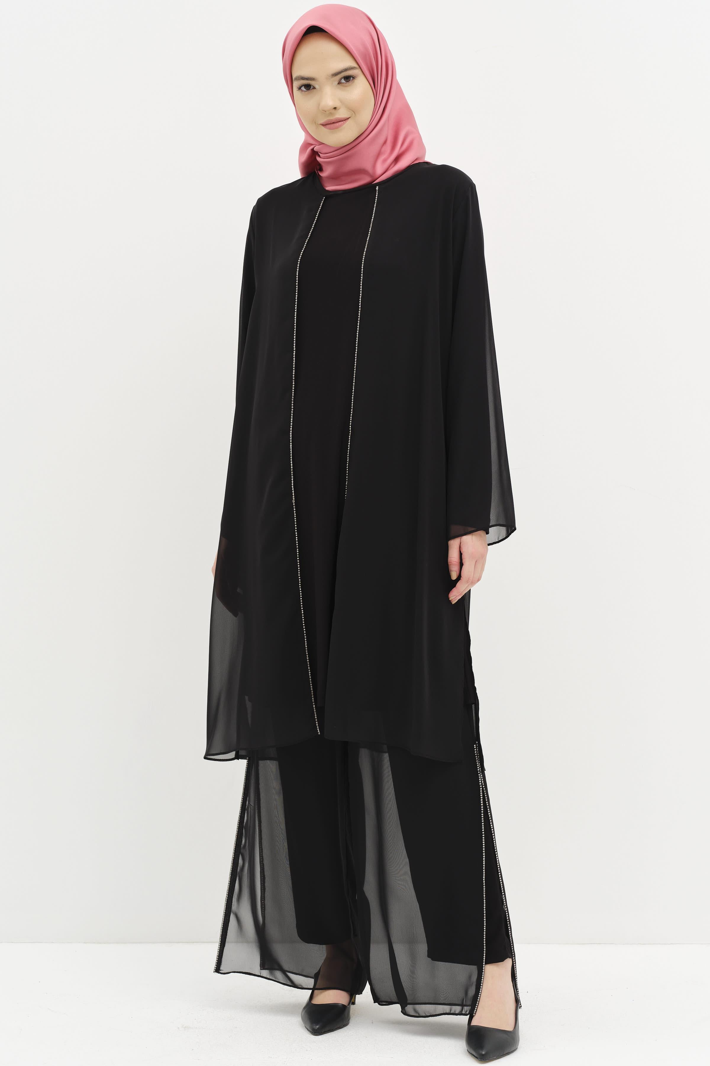 Taş Şeritli Şifon Garnili Pantolonlu Tunik Takım - Siyah TUGBA