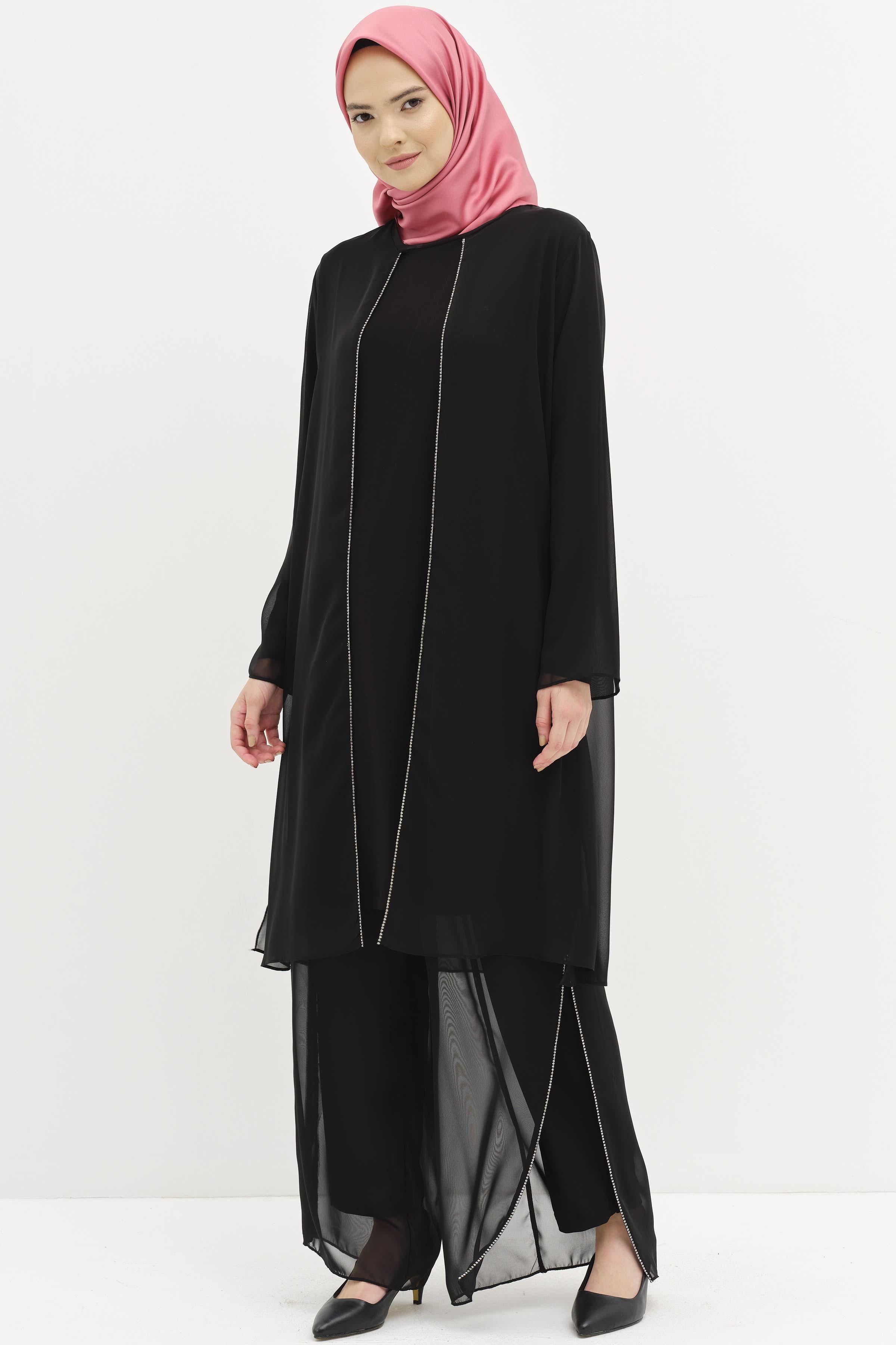 Taş Şeritli Şifon Garnili Pantolonlu Tunik Takım - Siyah TUGBA