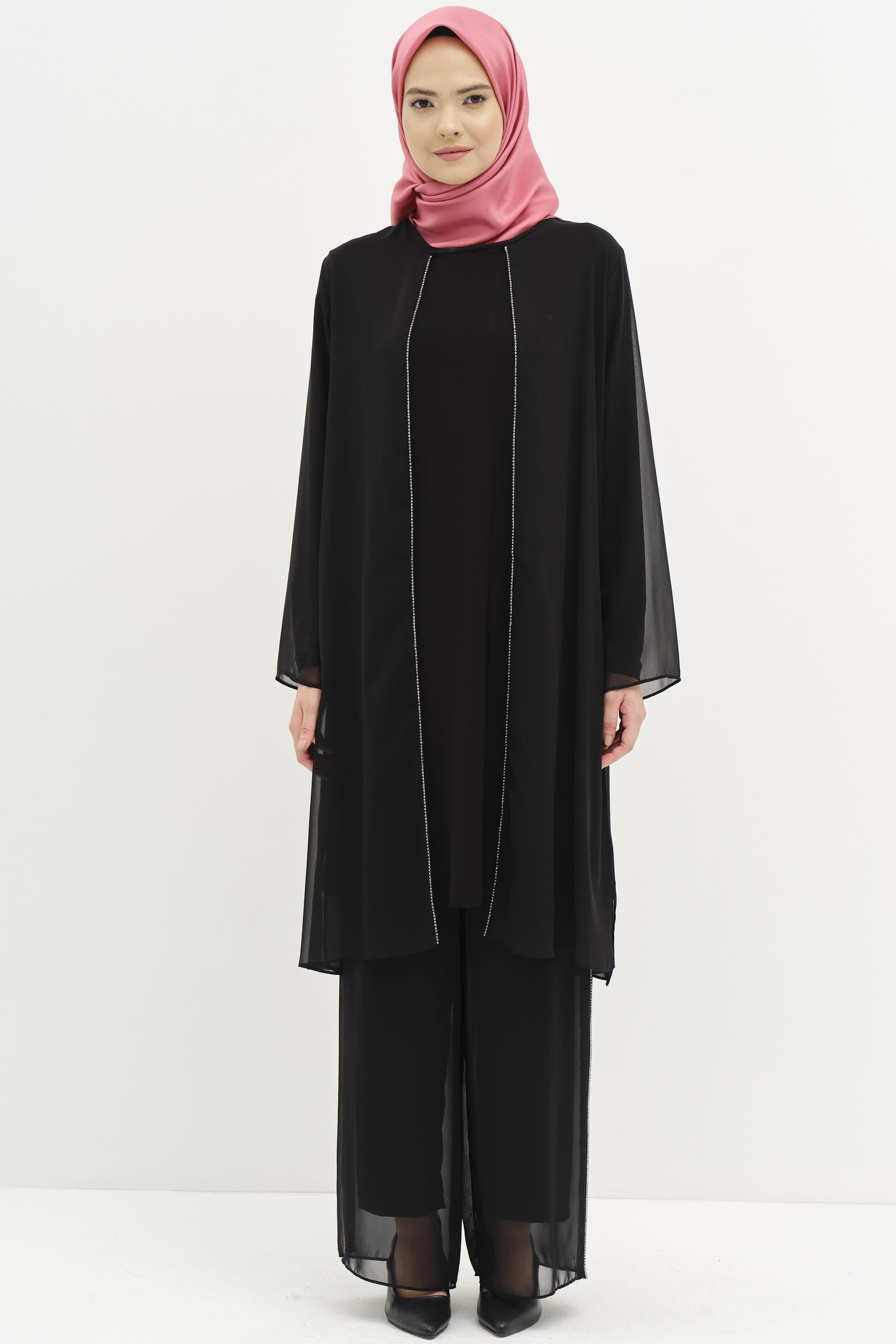 Taş Şeritli Şifon Garnili Pantolonlu Tunik Takım - Siyah TUGBA