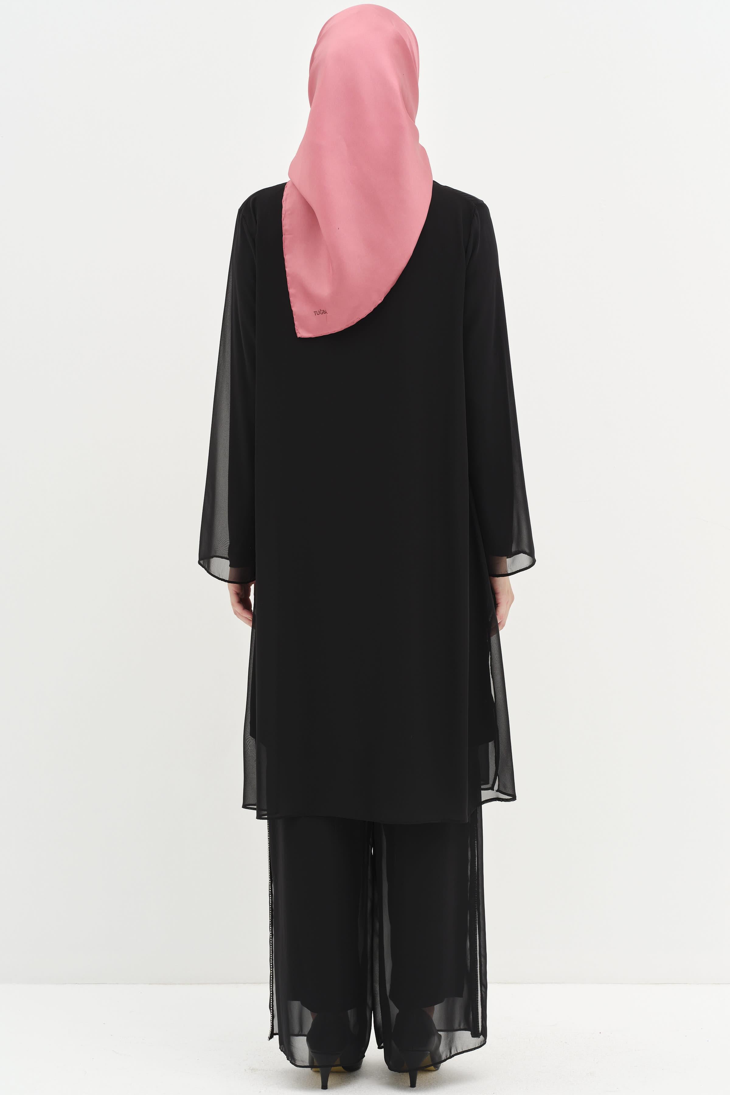 Taş Şeritli Şifon Garnili Pantolonlu Tunik Takım - Siyah TUGBA