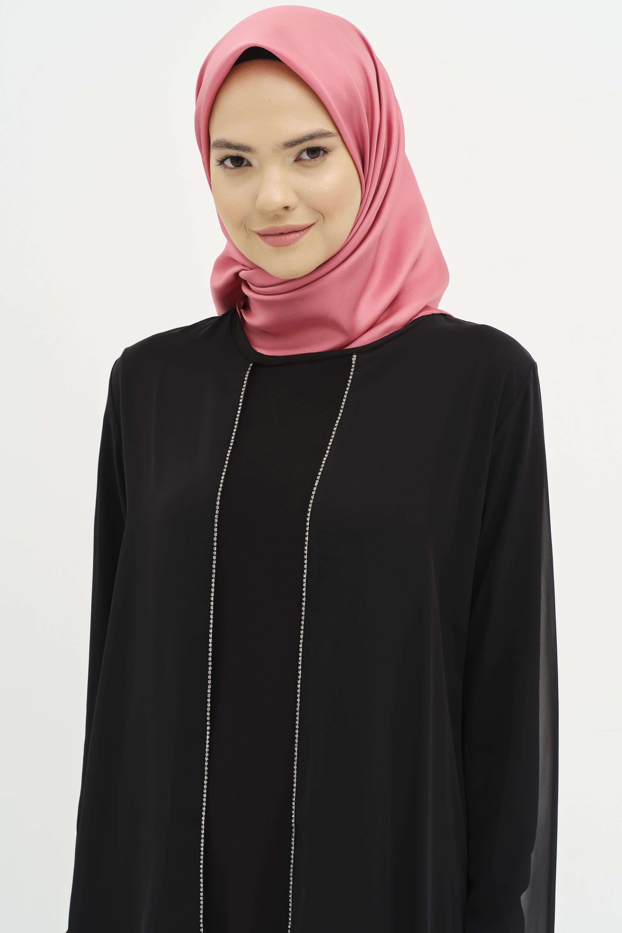 Taş Şeritli Şifon Garnili Pantolonlu Tunik Takım - Siyah TUGBA