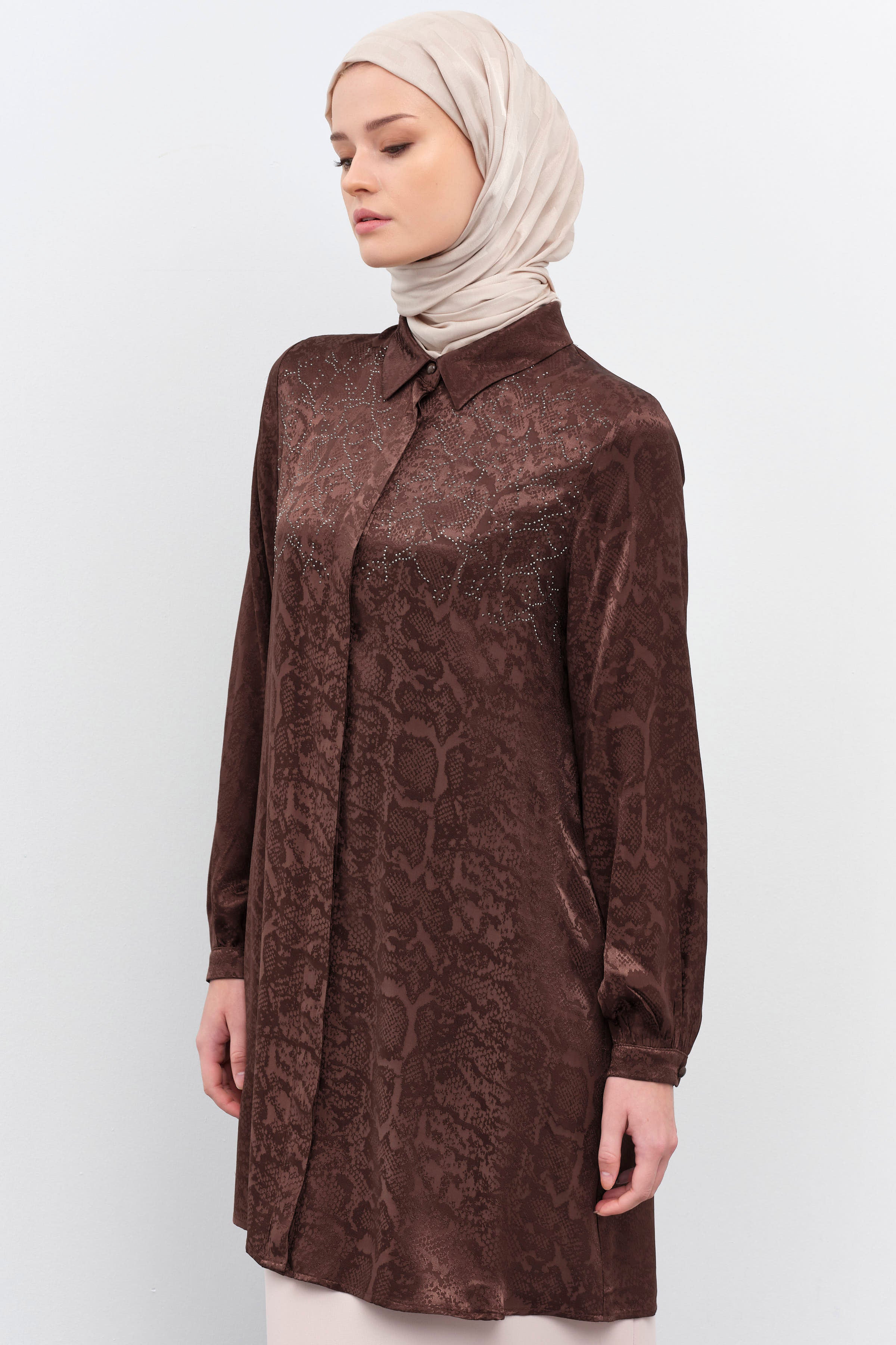 Taş Yapıştırmalı Jakar Tunik - Kahve TUGBA