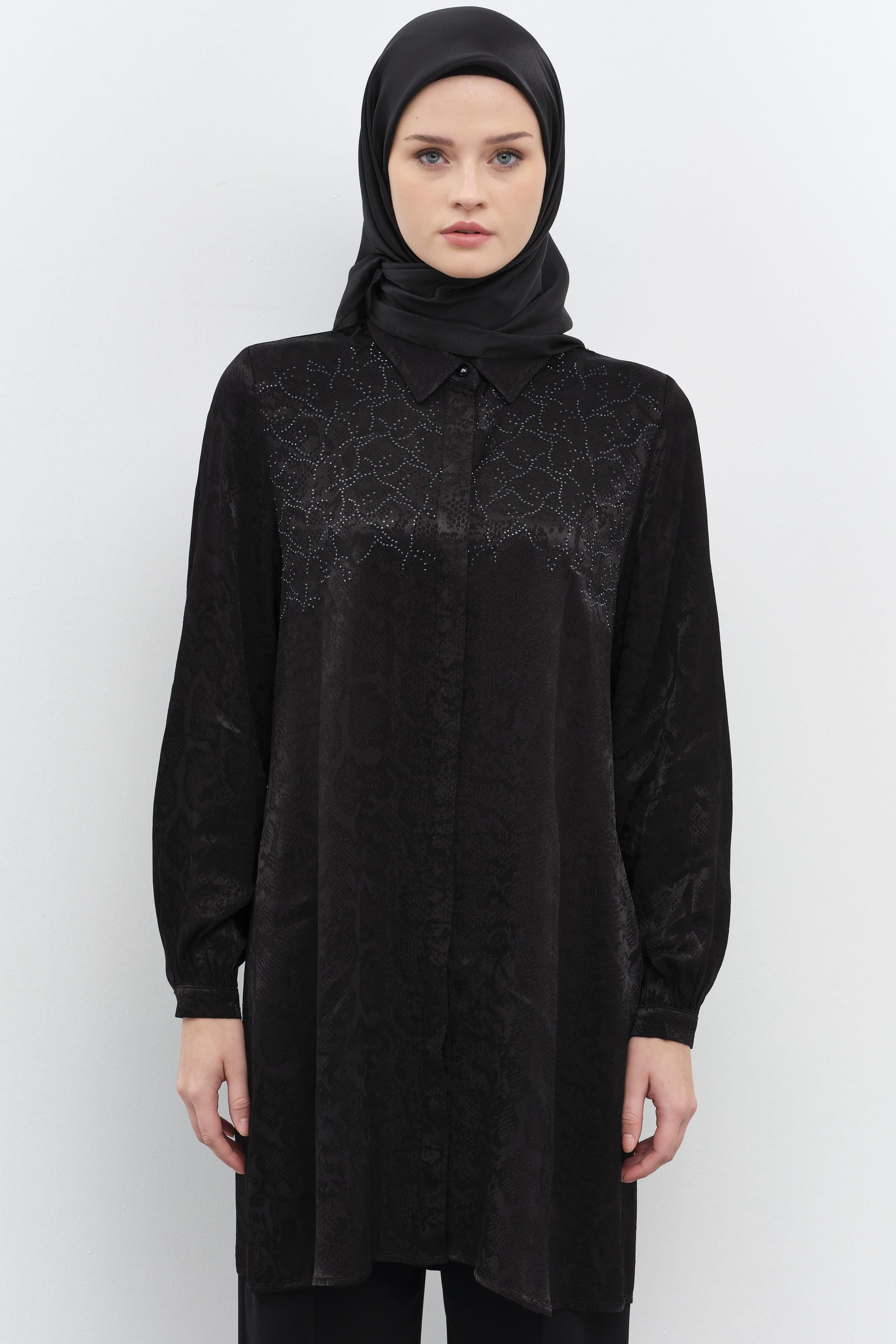 Taş Yapıştırmalı Jakar Tunik - Siyah TUGBA