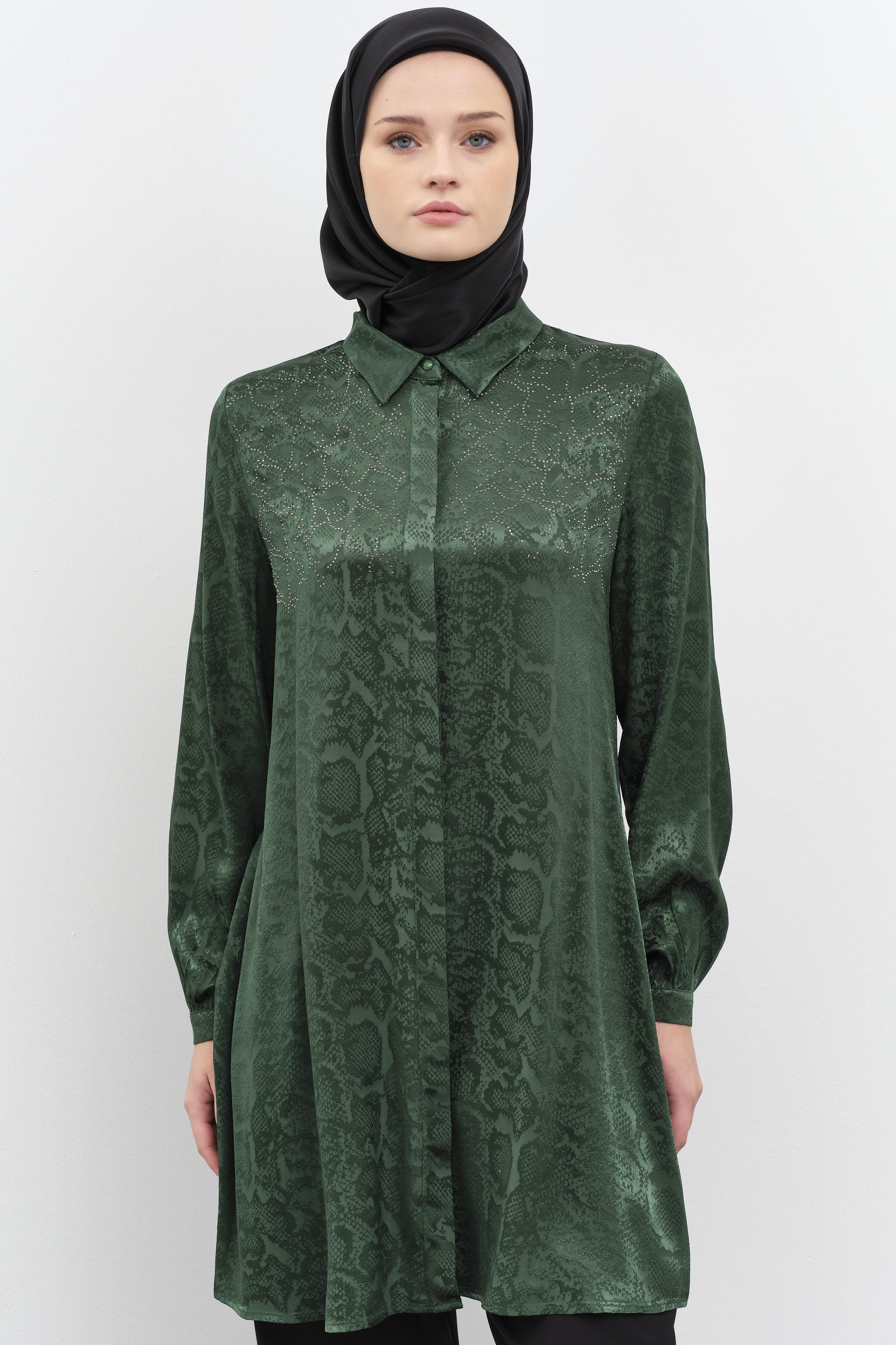 Taş Yapıştırmalı Jakar Tunik - Yeşil TUGBA