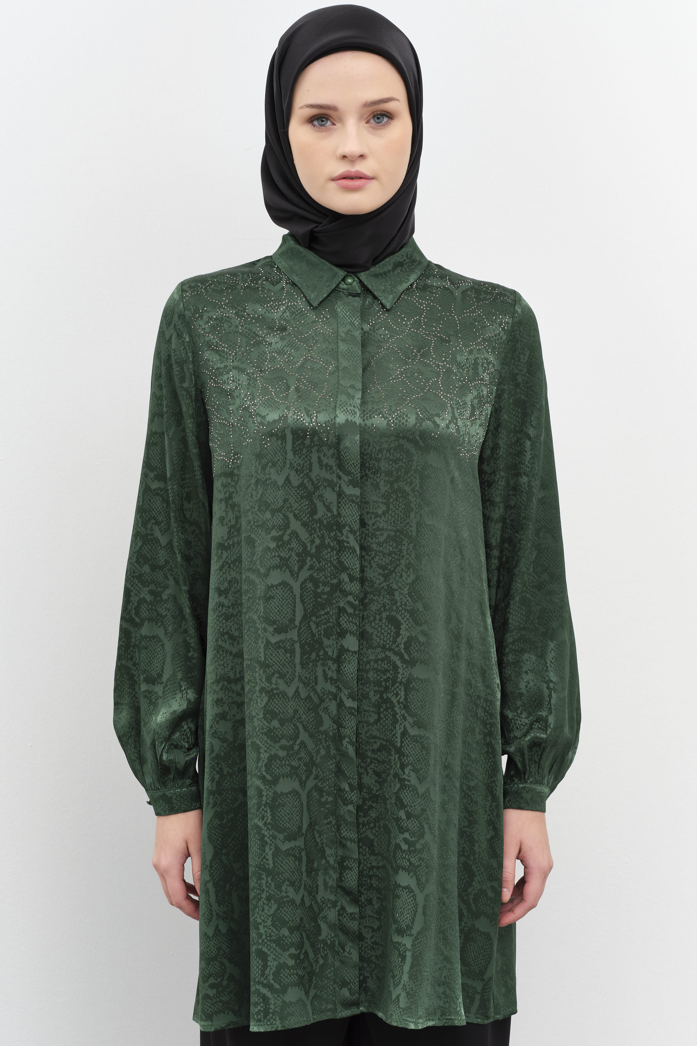 Taş Yapıştırmalı Jakar Tunik - Yeşil TUGBA
