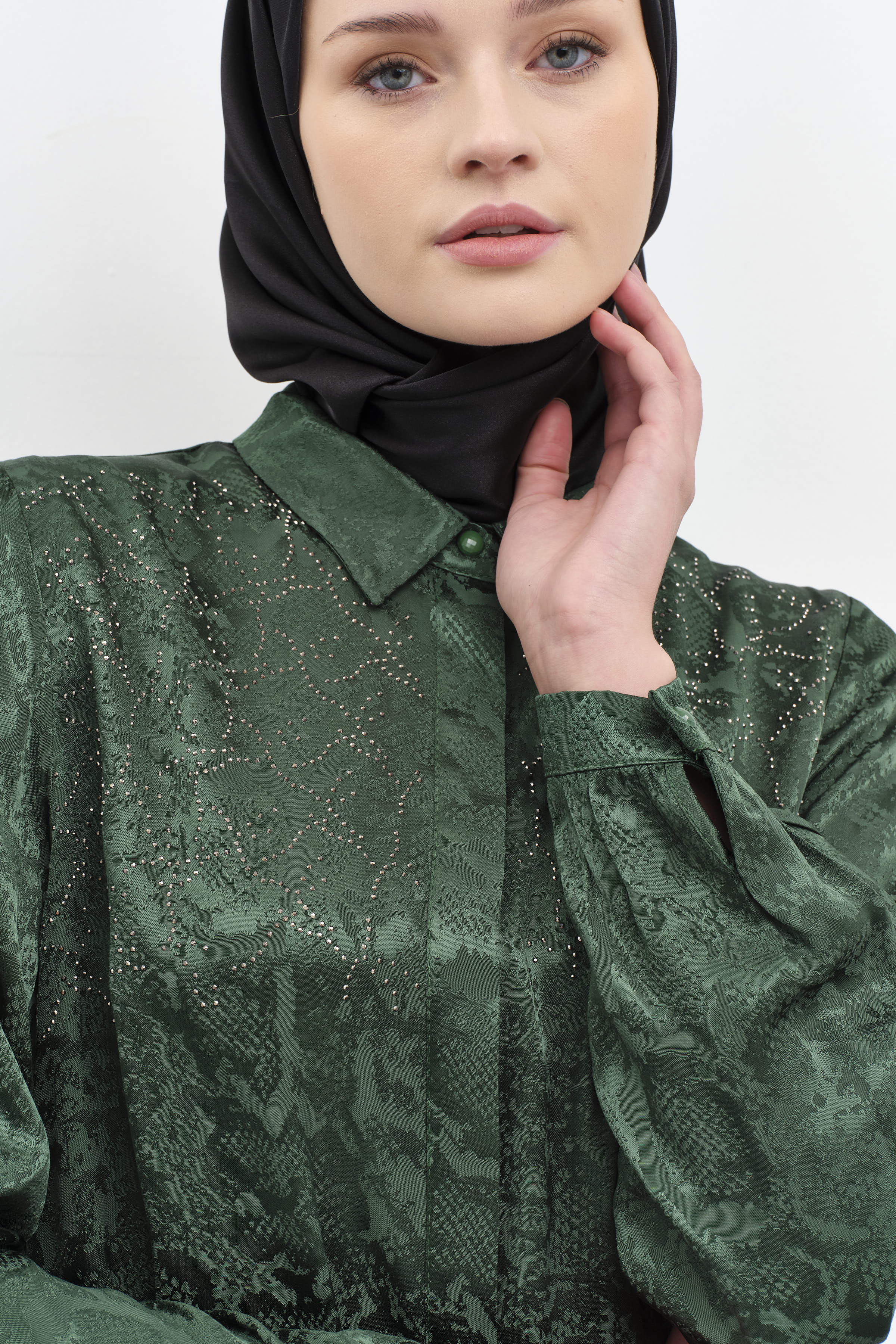 Taş Yapıştırmalı Jakar Tunik - Yeşil TUGBA