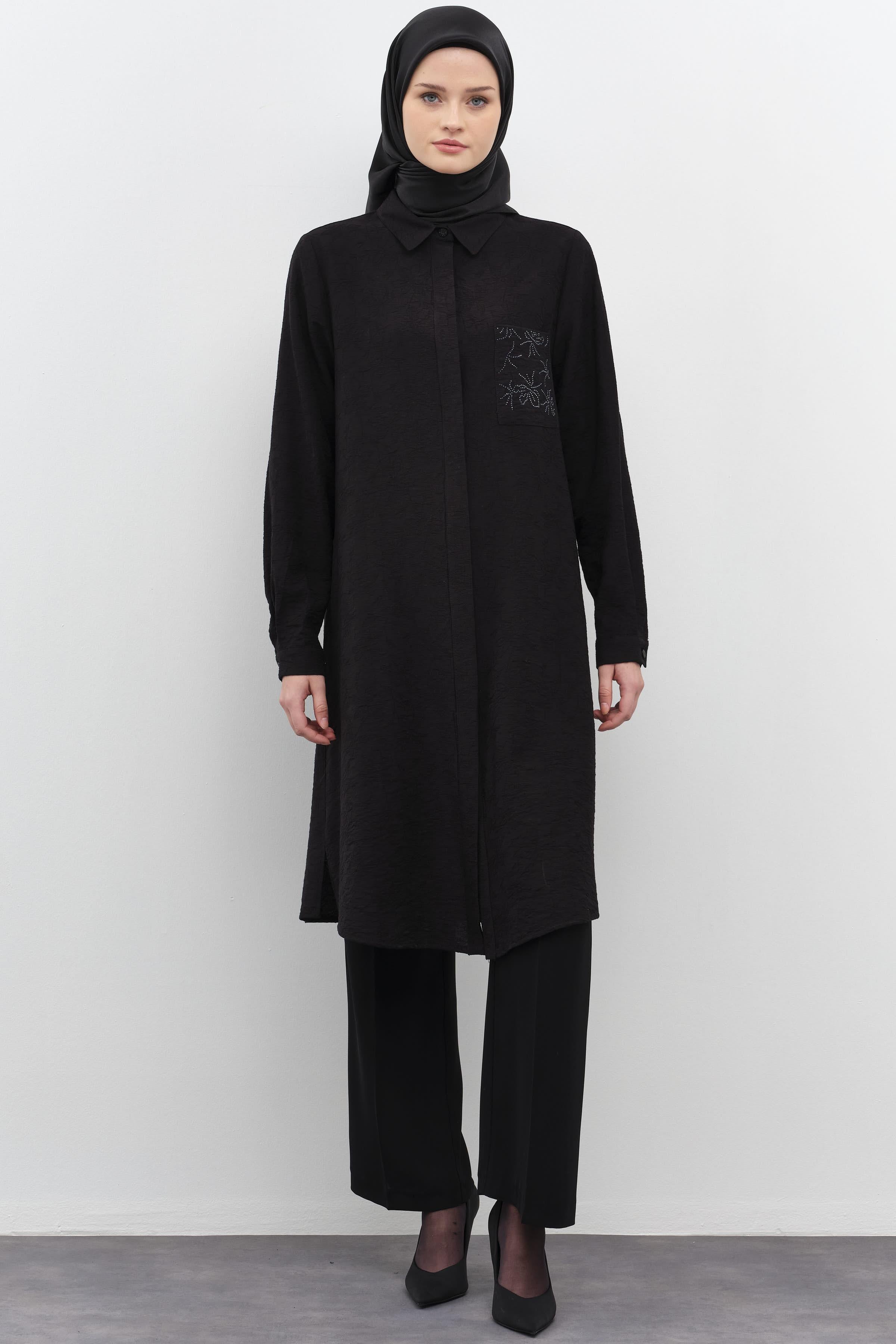 Taşlı Cep Detaylı Tunik - Siyah TUGBA