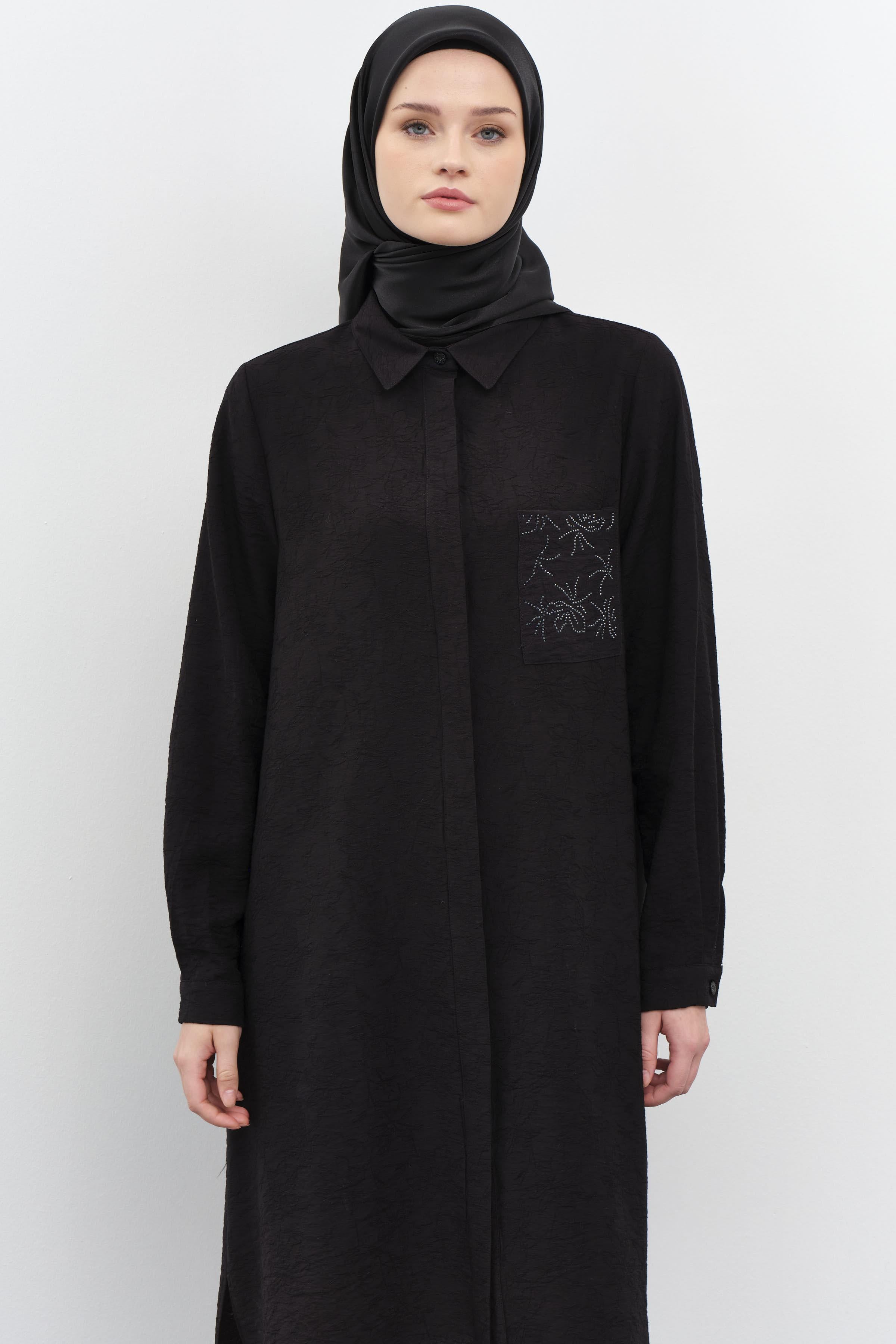 Taşlı Cep Detaylı Tunik - Siyah TUGBA