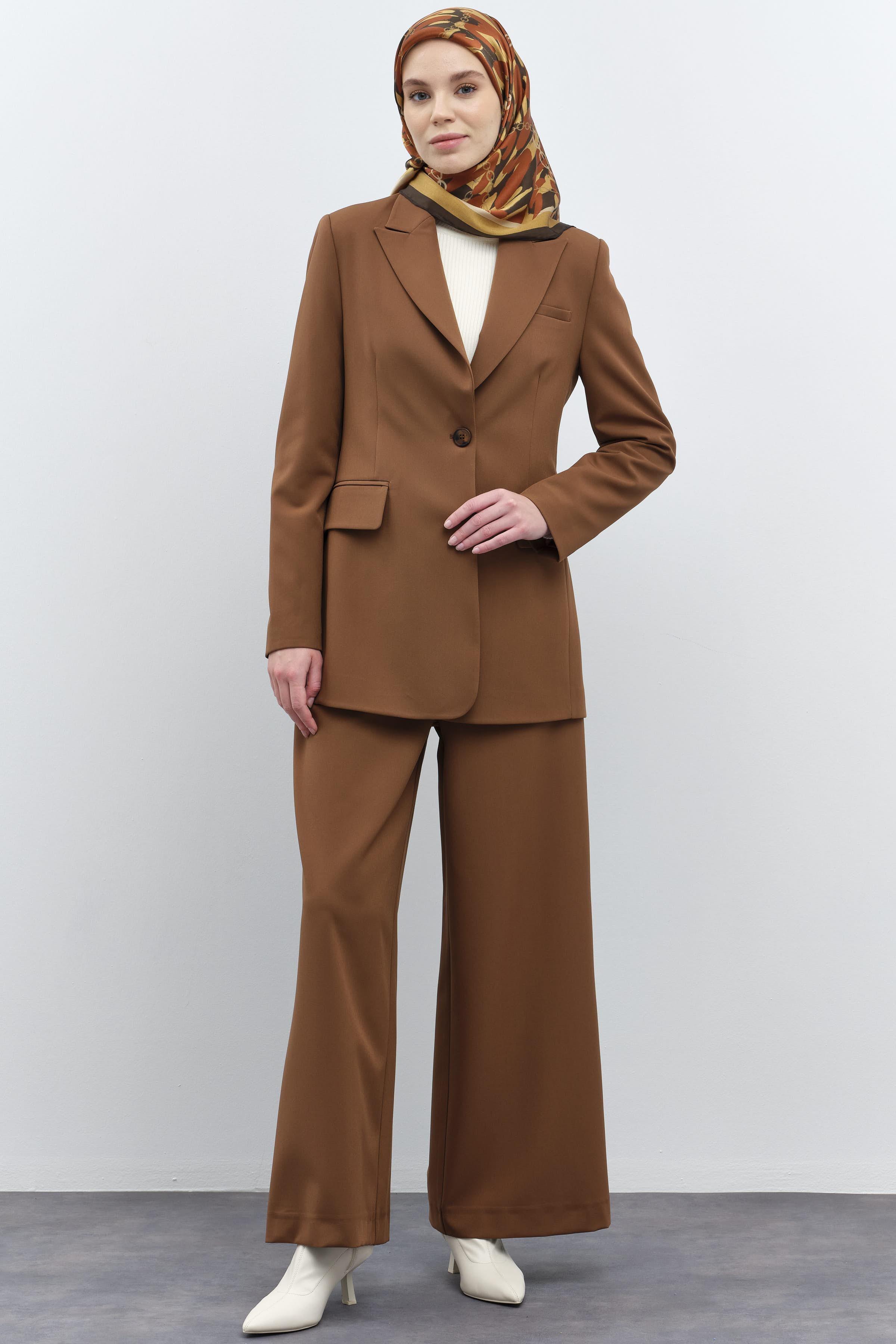 Tek Düğmeli Ceket Pantolon Takım - Kahve TUGBA