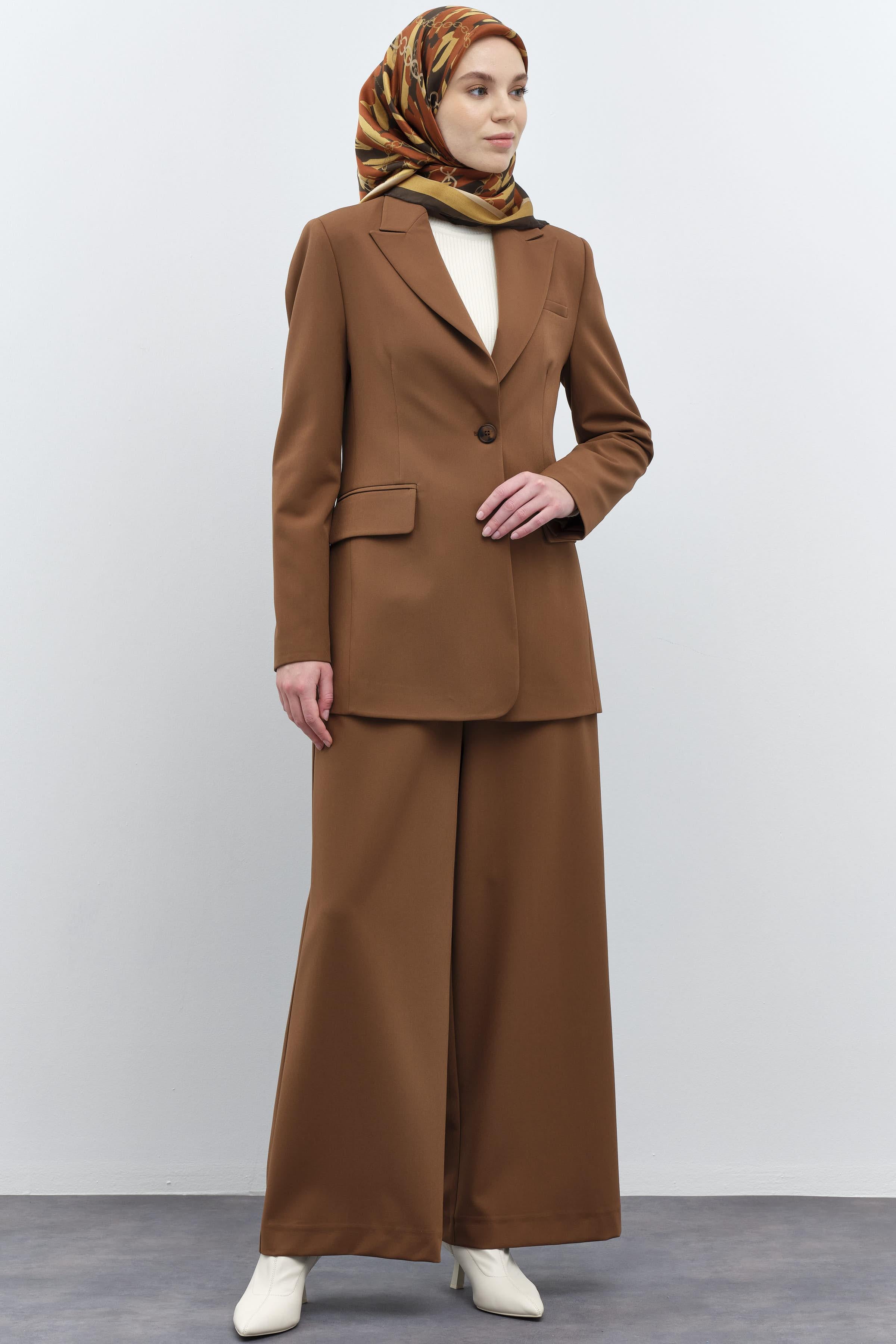 Tek Düğmeli Ceket Pantolon Takım - Kahve TUGBA