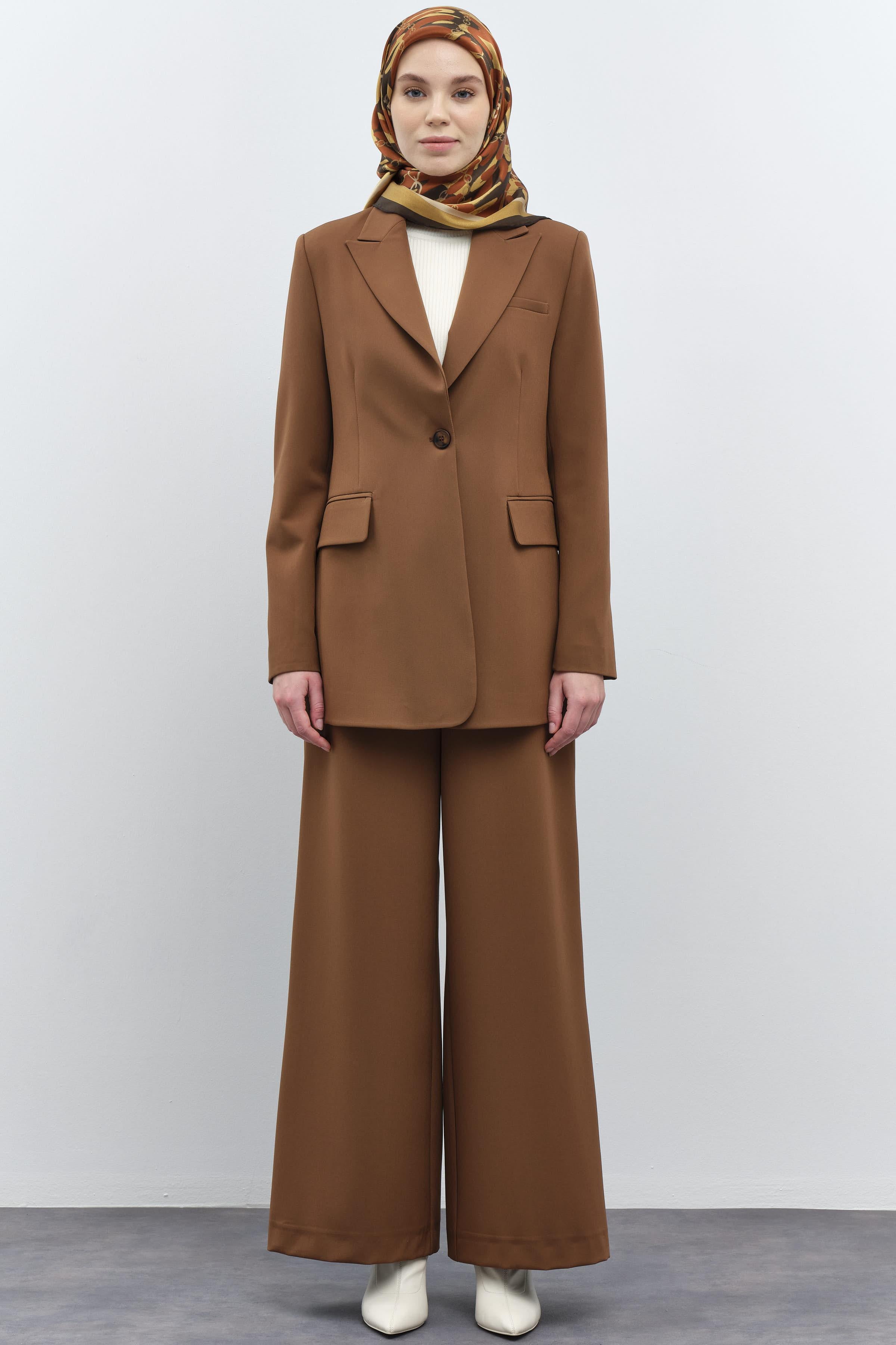 Tek Düğmeli Ceket Pantolon Takım - Kahve TUGBA