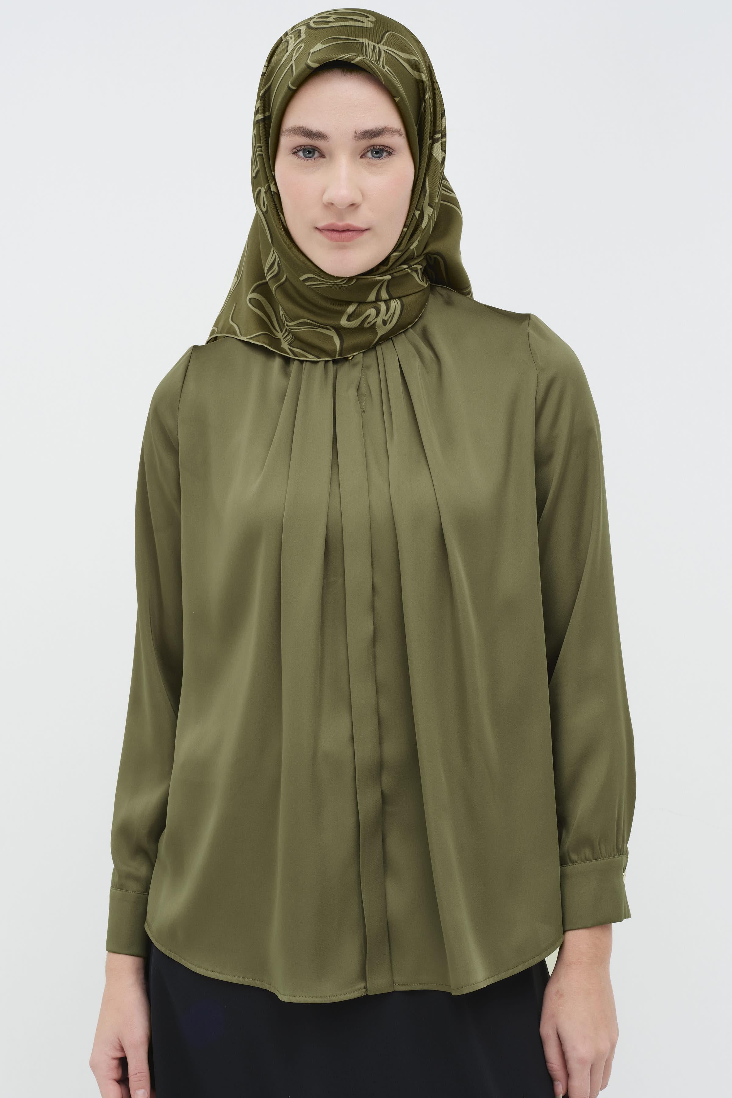 Ters Gizli Patlı Pileli Gömlek - Haki TUGBA