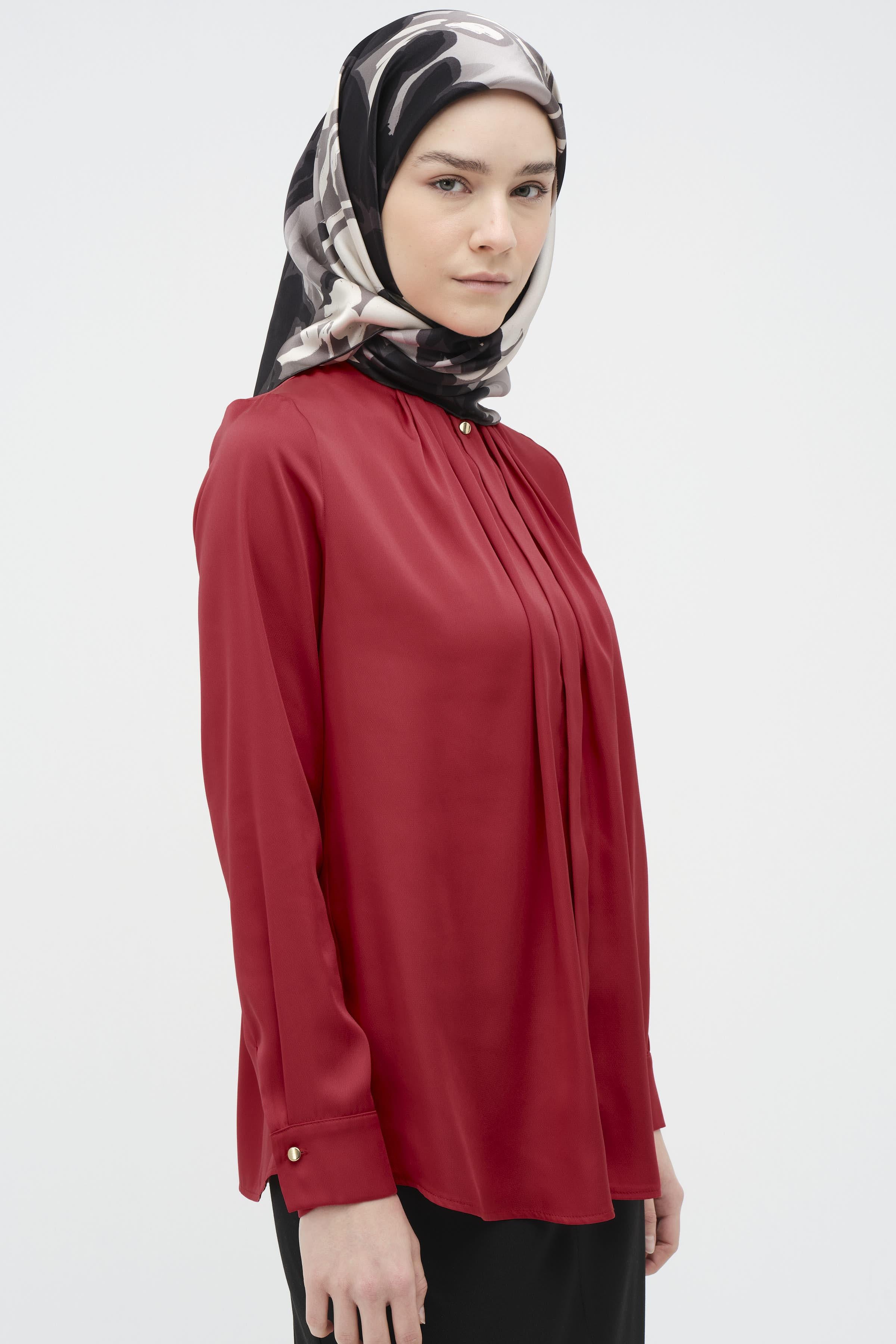 Ters Gizli Patlı Pileli Gömlek - Kırmızı TUGBA