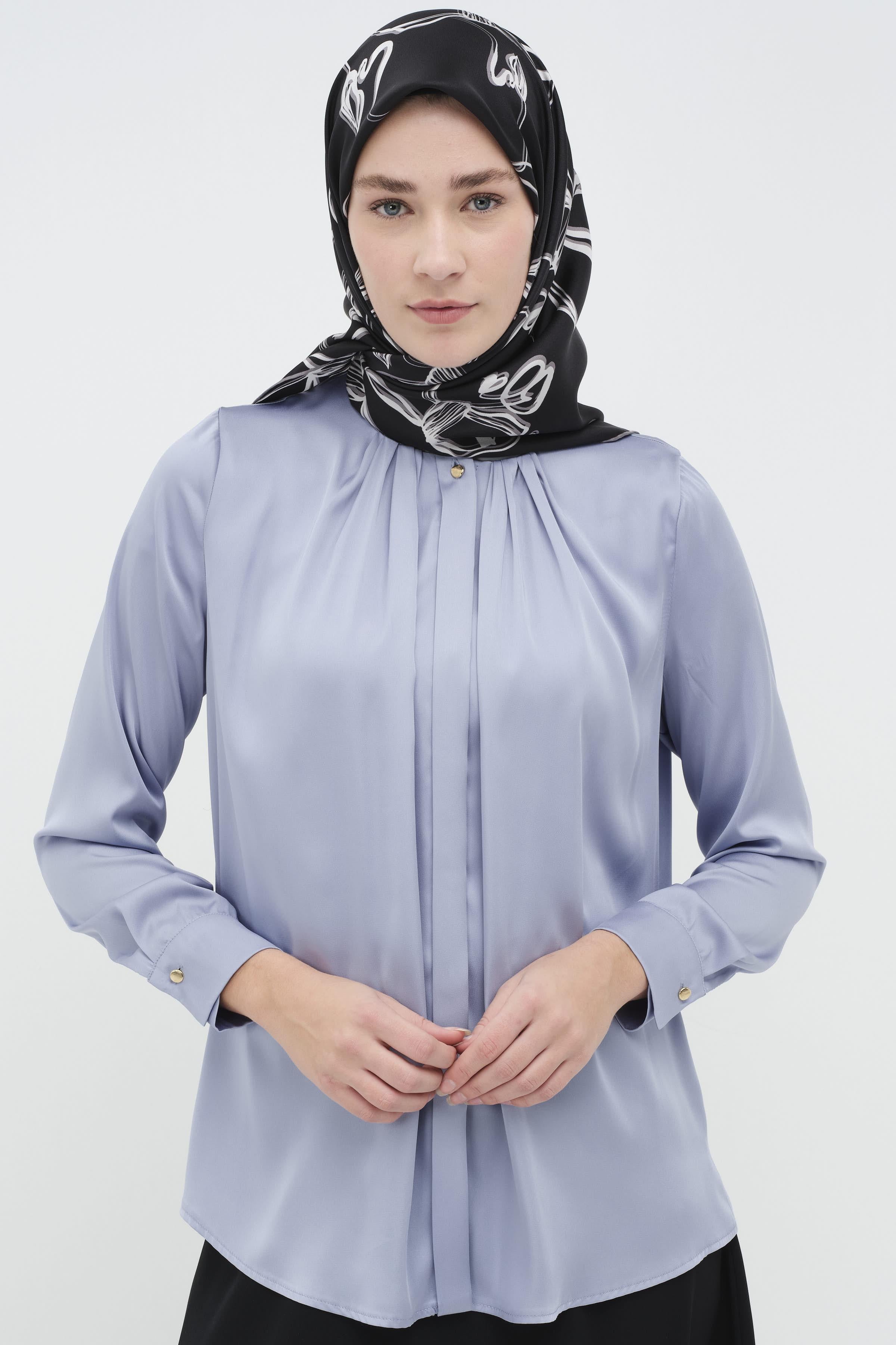 Ters Gizli Patlı Pileli Gömlek - Mavi TUGBA