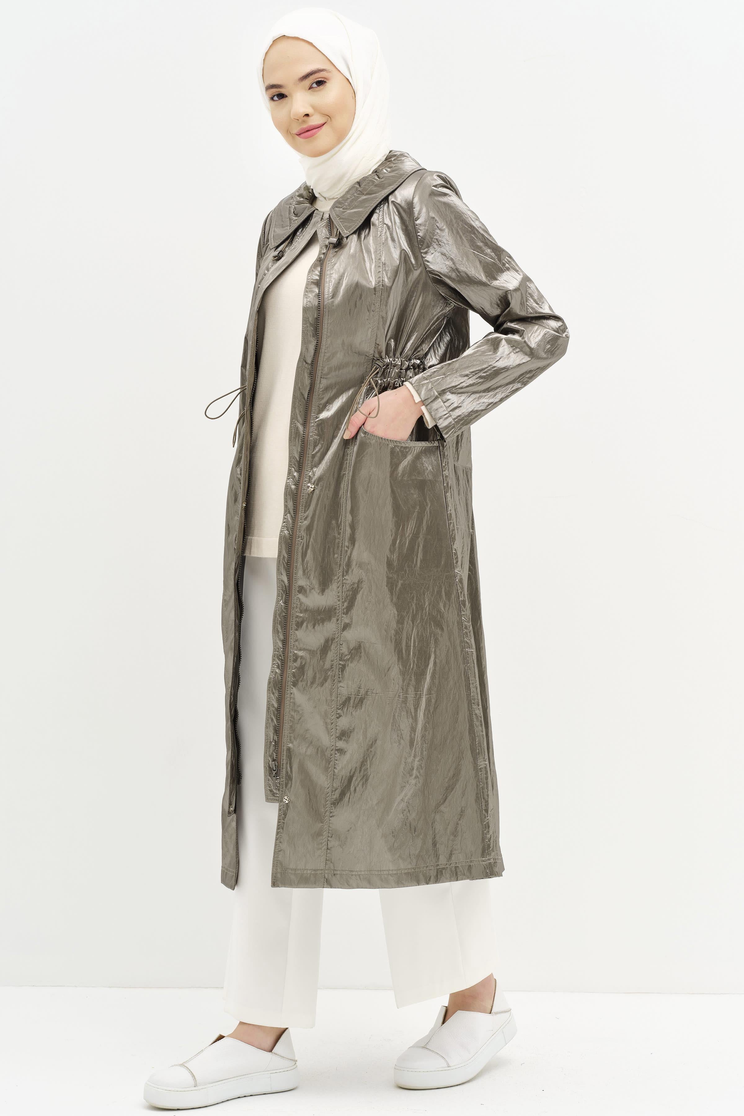 Torba Cepli Bel Lastikli Yağmurluk - Gri TUGBA