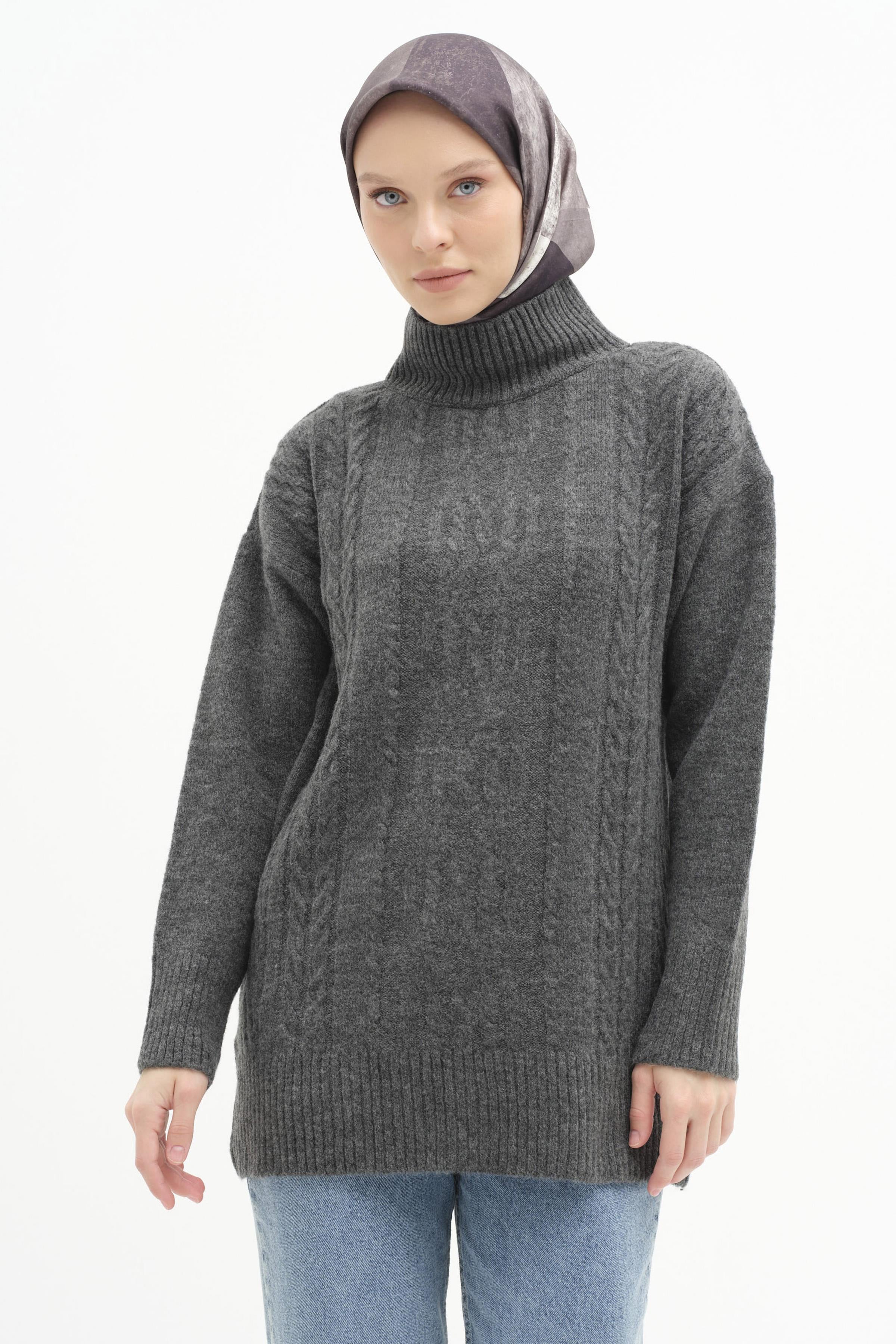 Örgü Desen Triko Tunik - Antrasit TUGBA