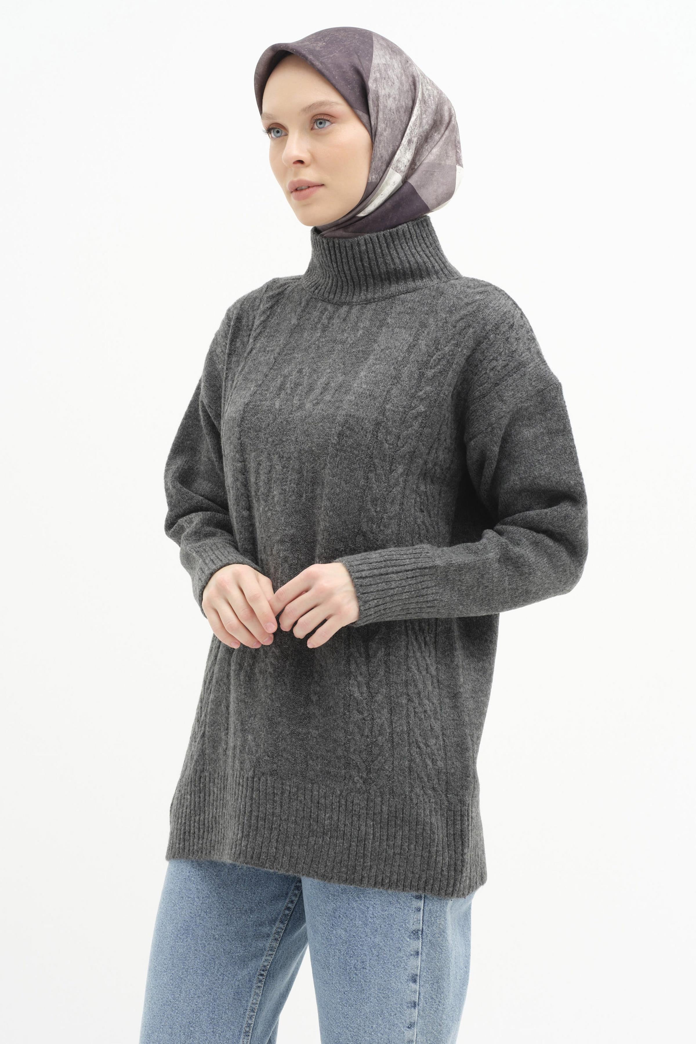 Örgü Desen Triko Tunik - Antrasit TUGBA