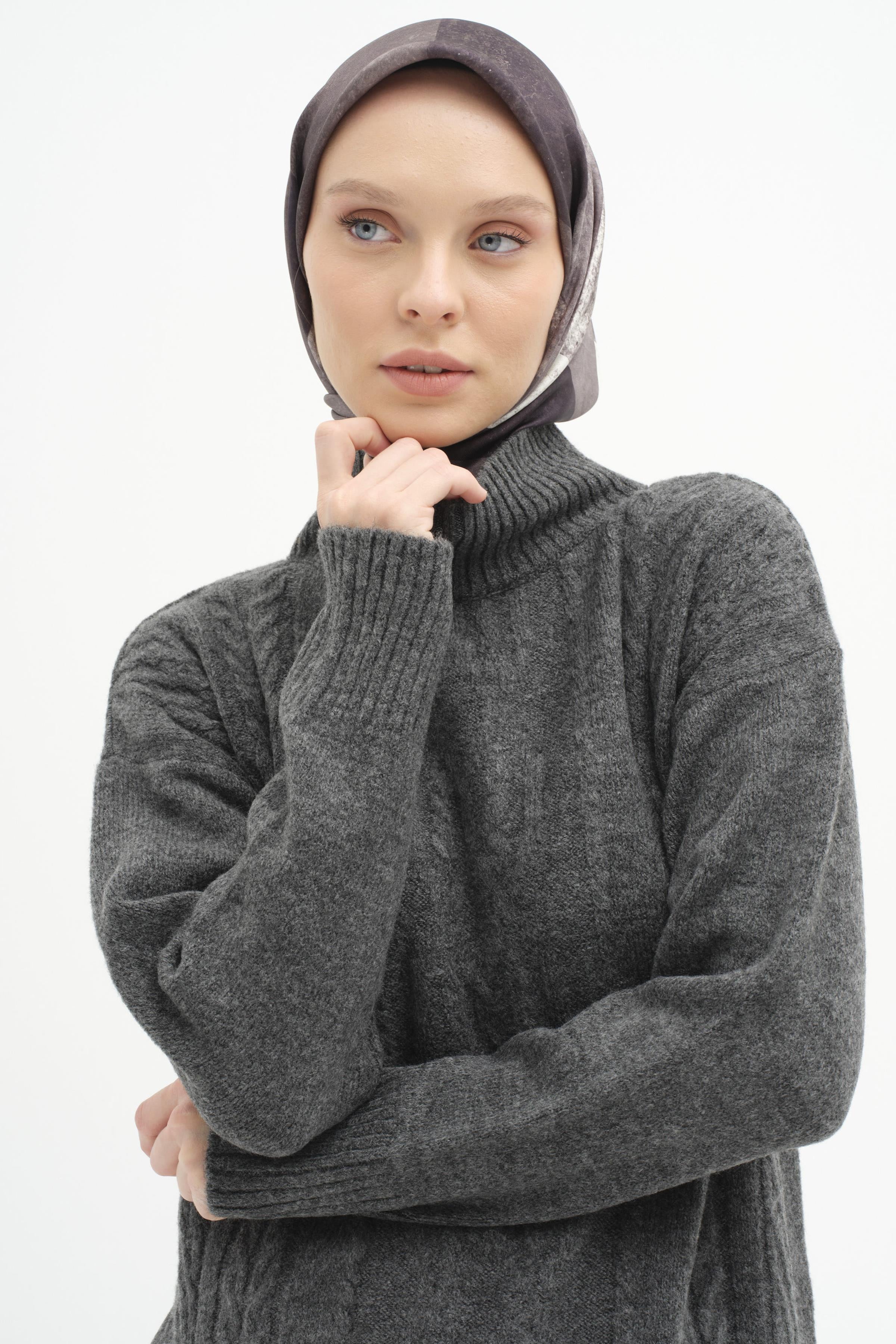 Örgü Desen Triko Tunik - Antrasit TUGBA