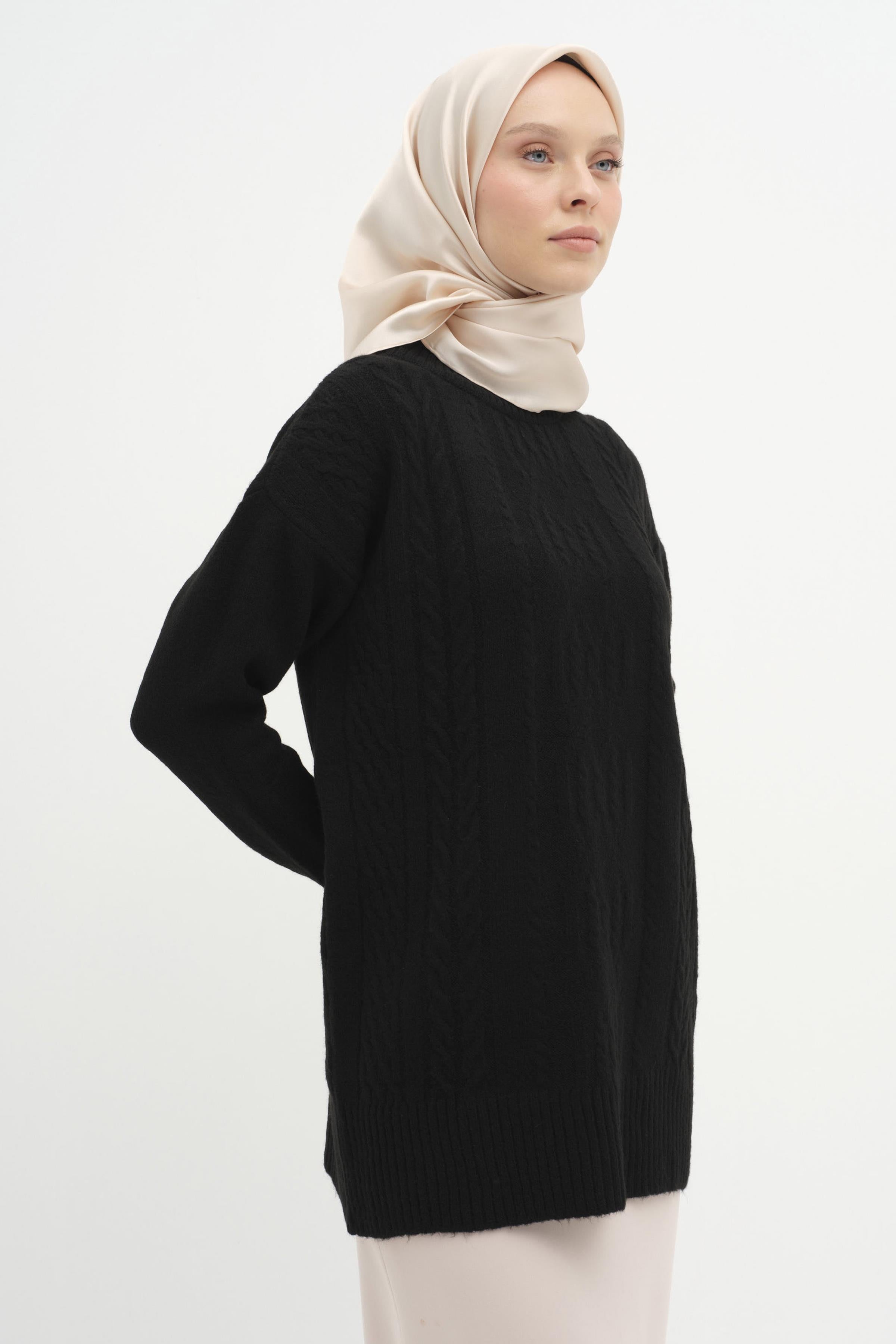 Örgü Desen Triko Tunik - Siyah TUGBA