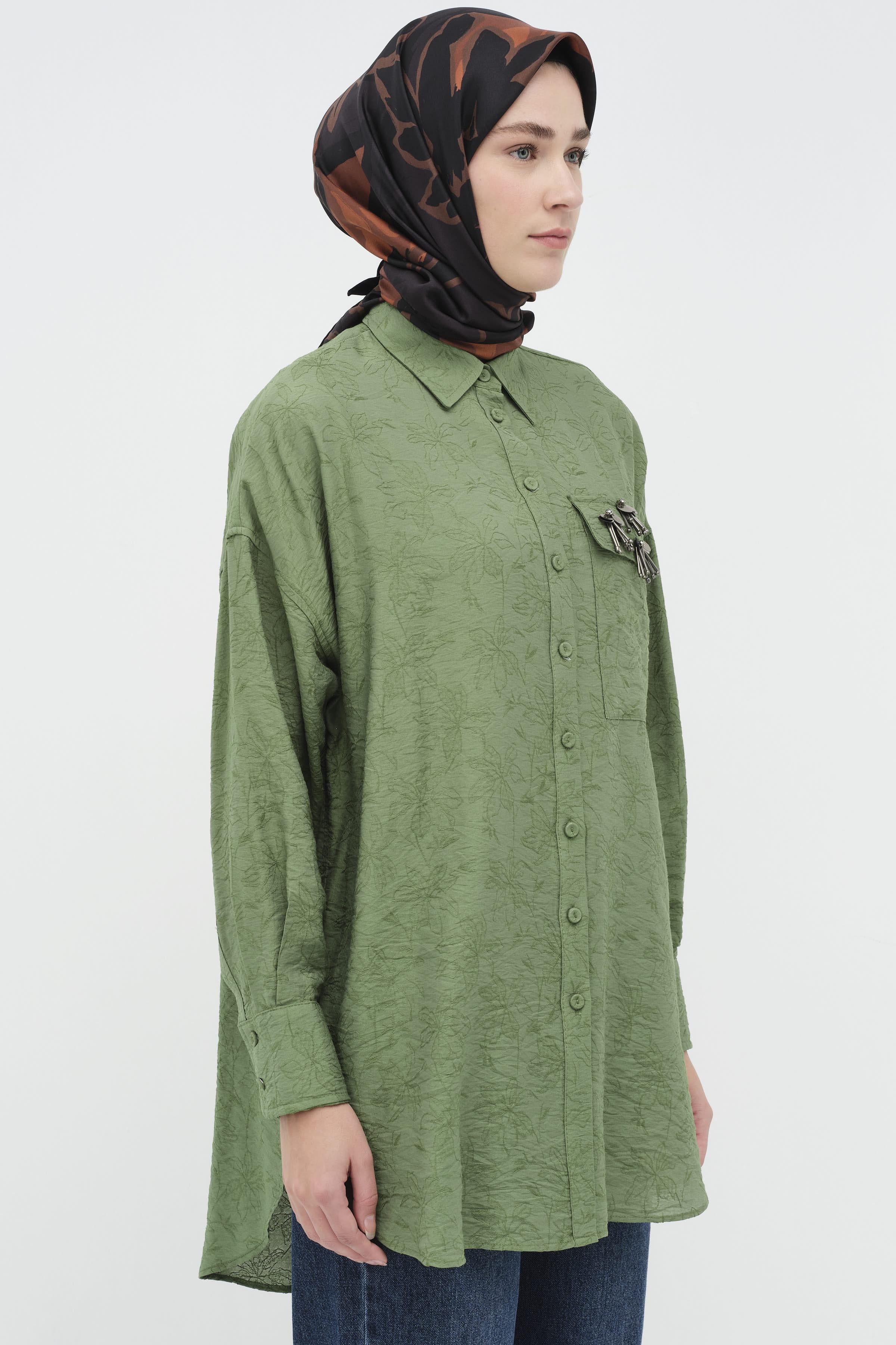 Üç Boyutlu İşlemeli Kısa Tunik - Haki TUGBA