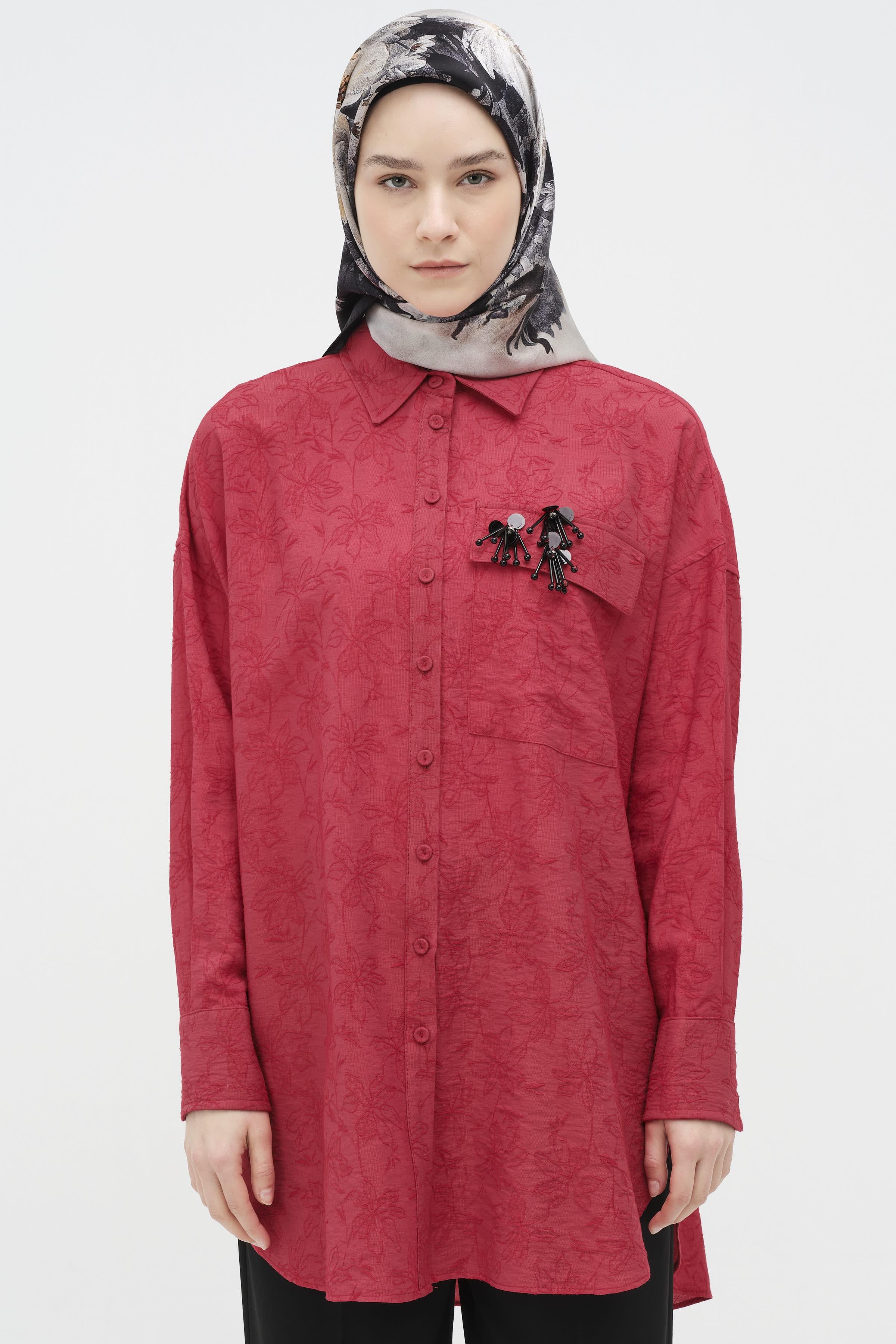 Üç Boyutlu İşlemeli Kısa Tunik - Kırmızı TUĞBA