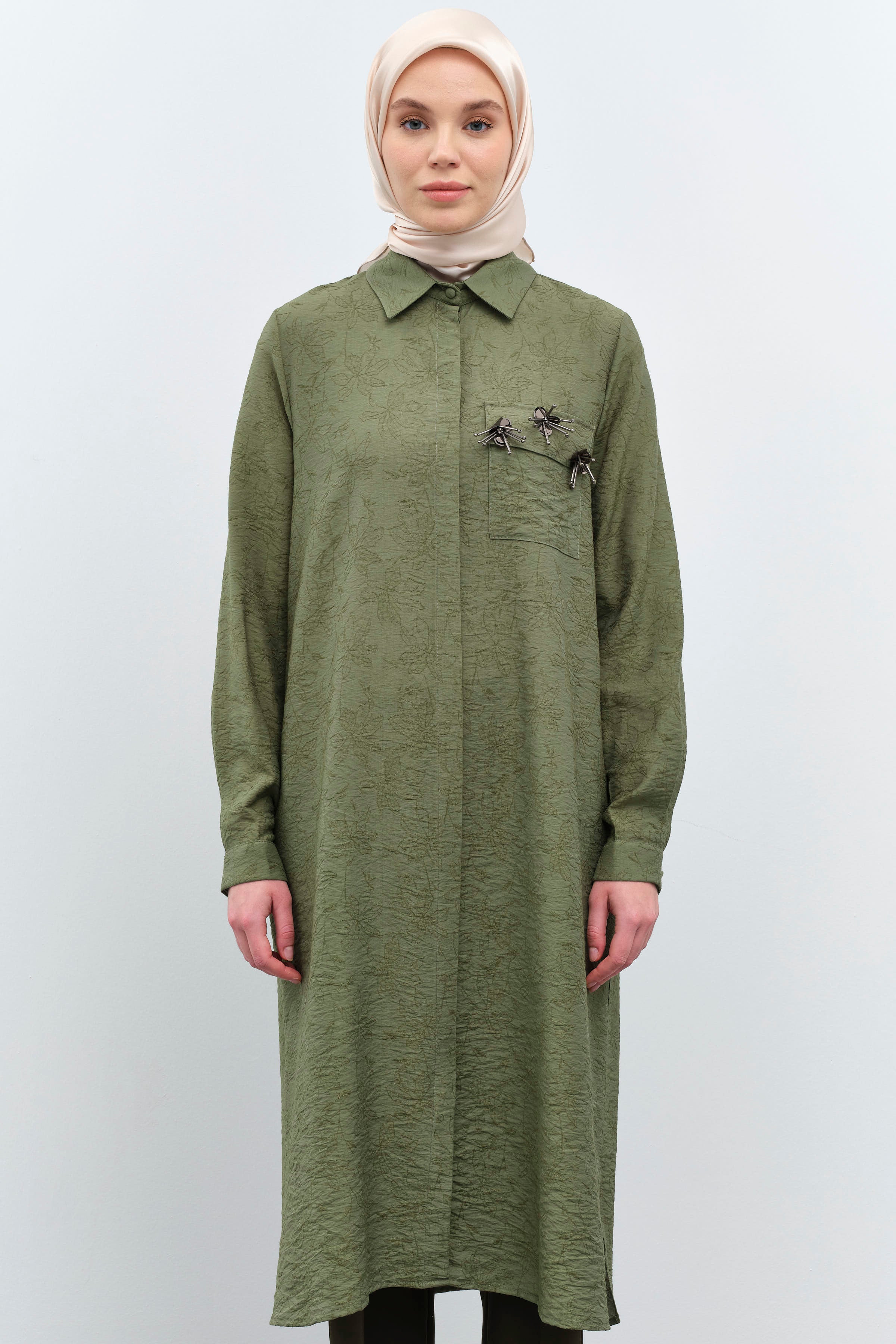 Üç Boyutlu İşlemeli Uzun Tunik - Haki TUGBA