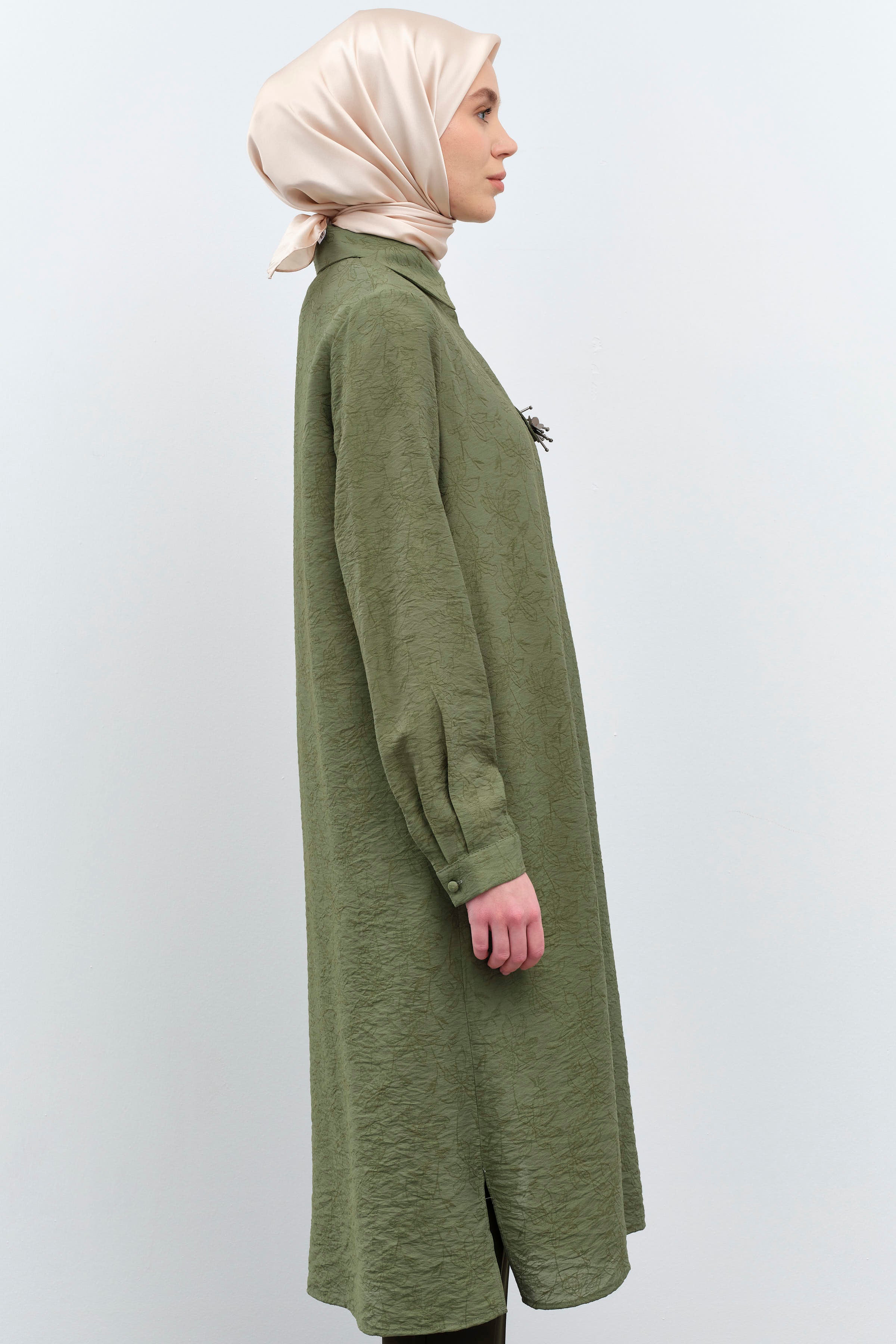 Üç Boyutlu İşlemeli Uzun Tunik - Haki TUGBA