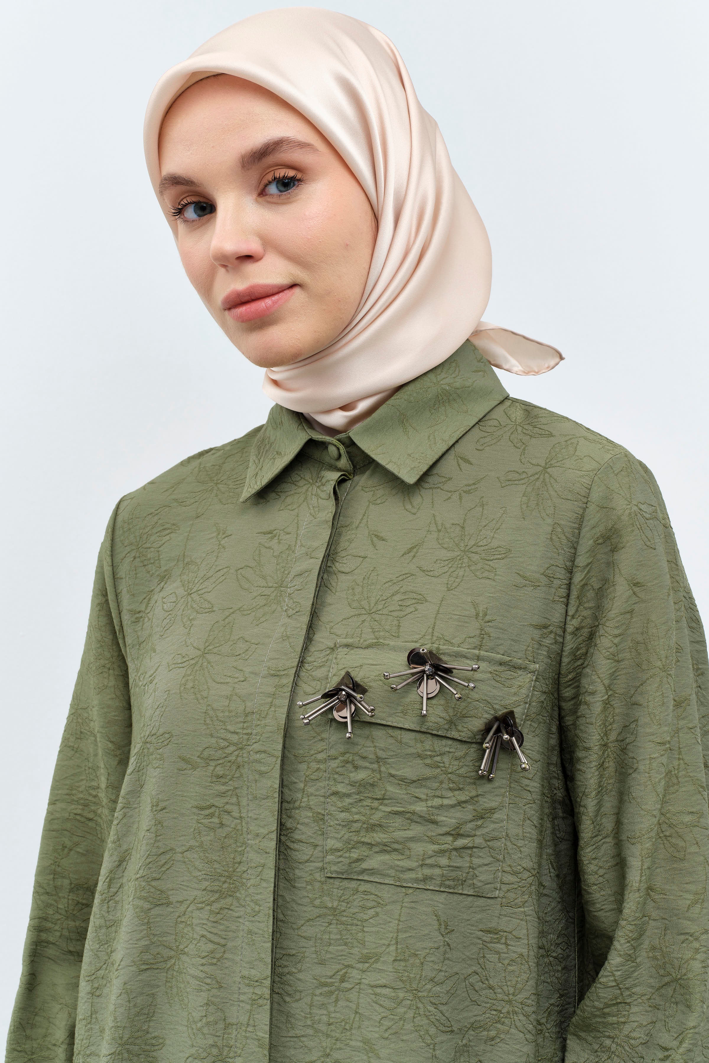 Üç Boyutlu İşlemeli Uzun Tunik - Haki TUGBA