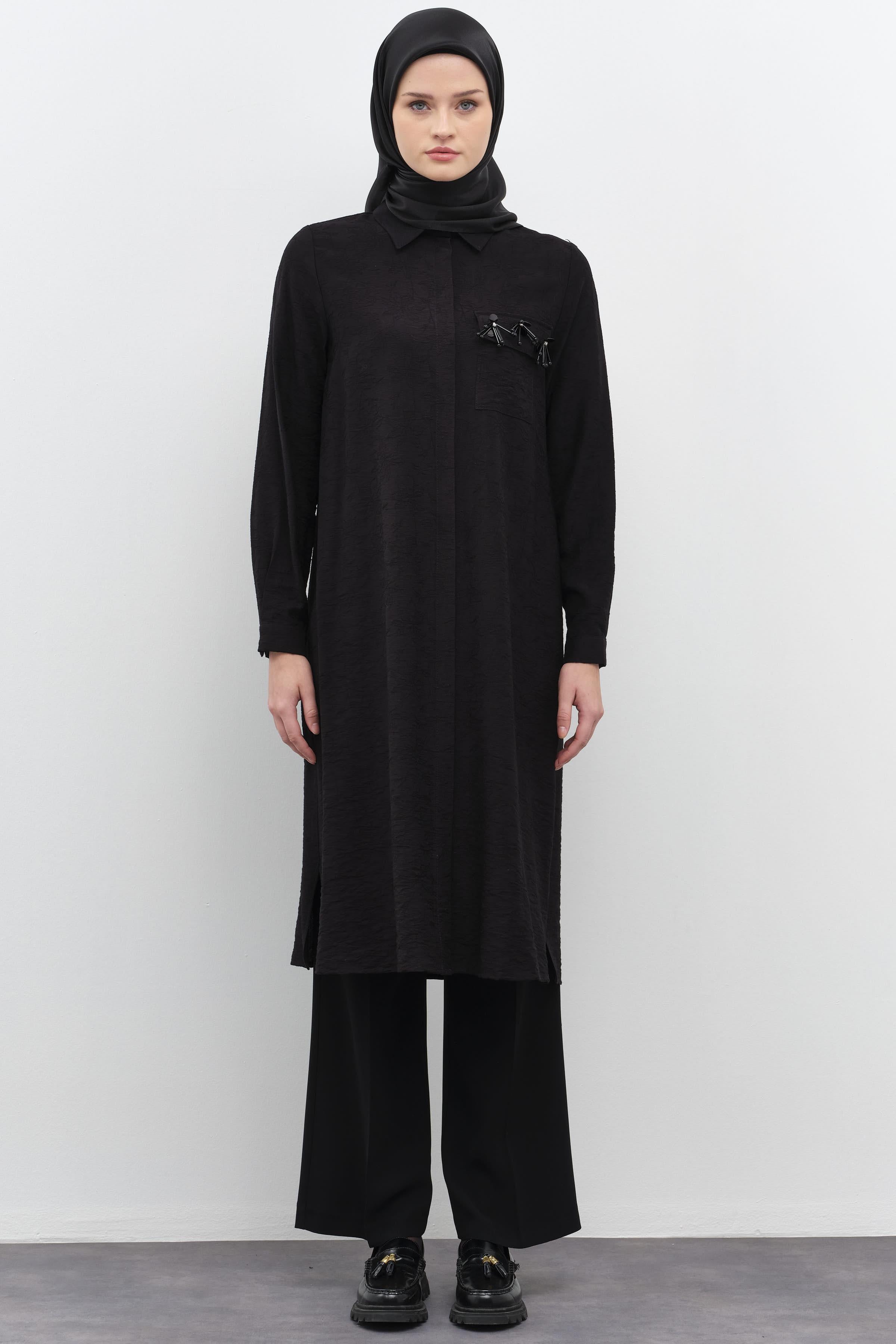 Üç Boyutlu İşlemeli Uzun Tunik - Siyah TUGBA