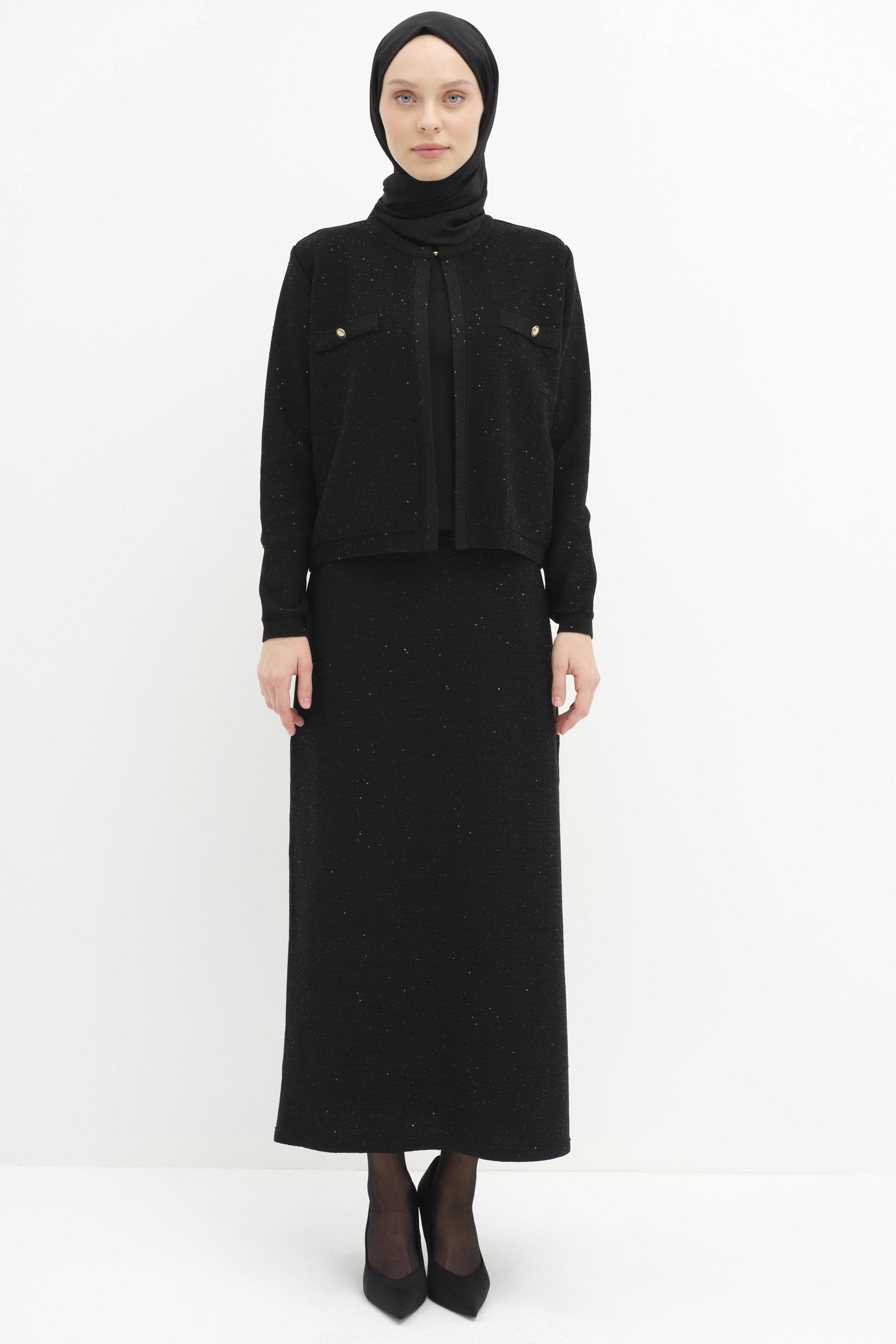 Üçlü Etekli Triko Takım - Siyah TUGBA