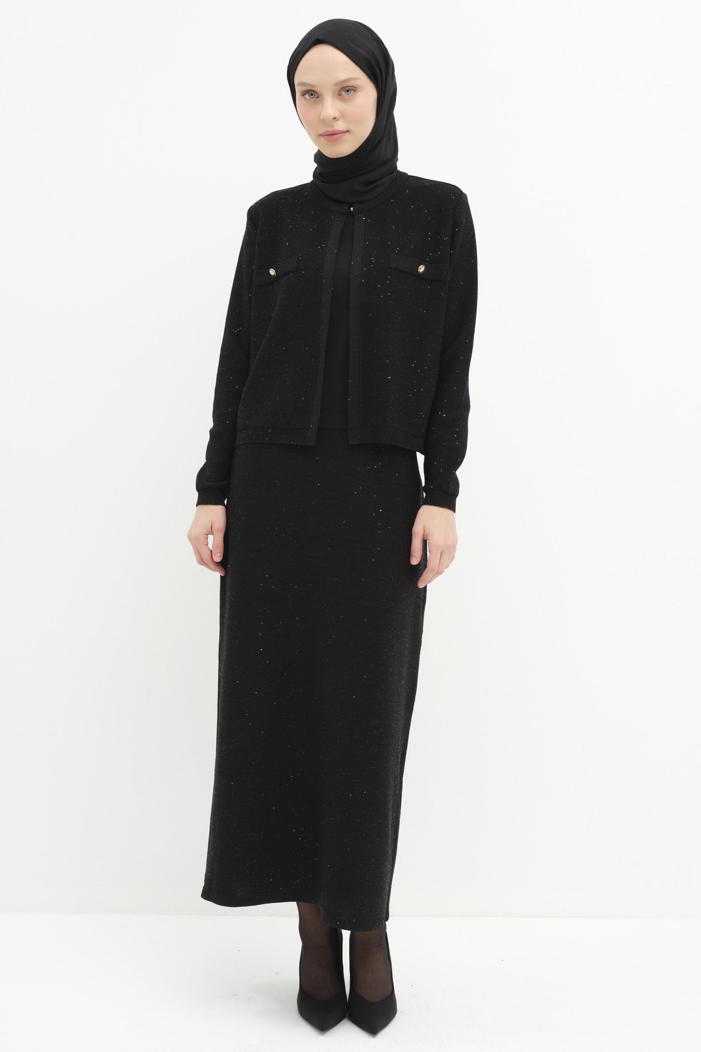 Üçlü Etekli Triko Takım - Siyah TUGBA