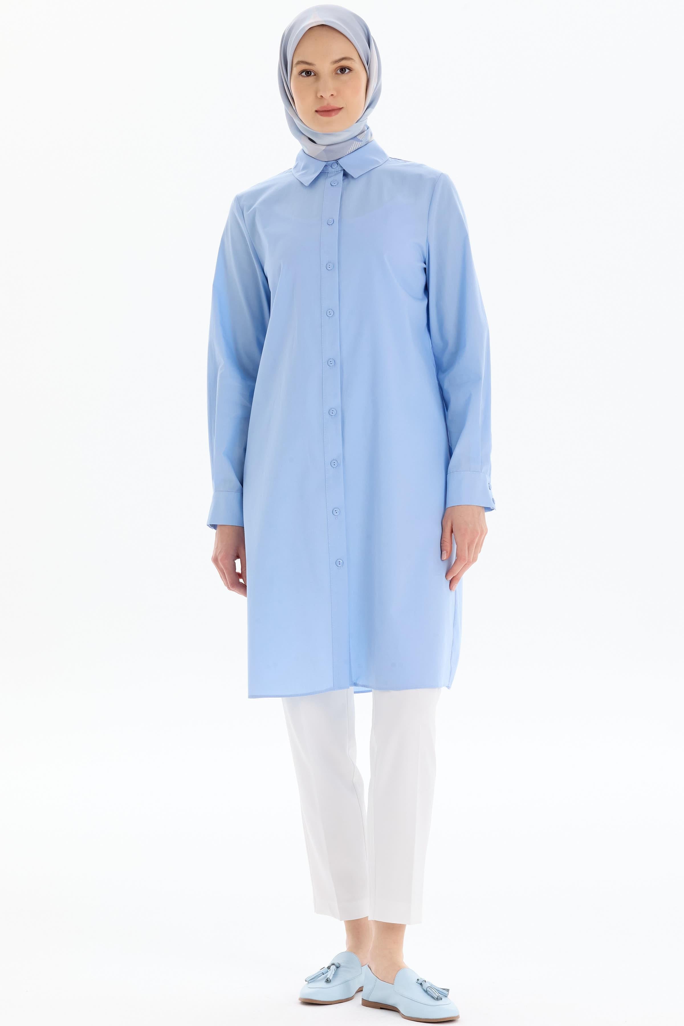 Uzun Basic Gömlek - Açık Mavi TUGBA