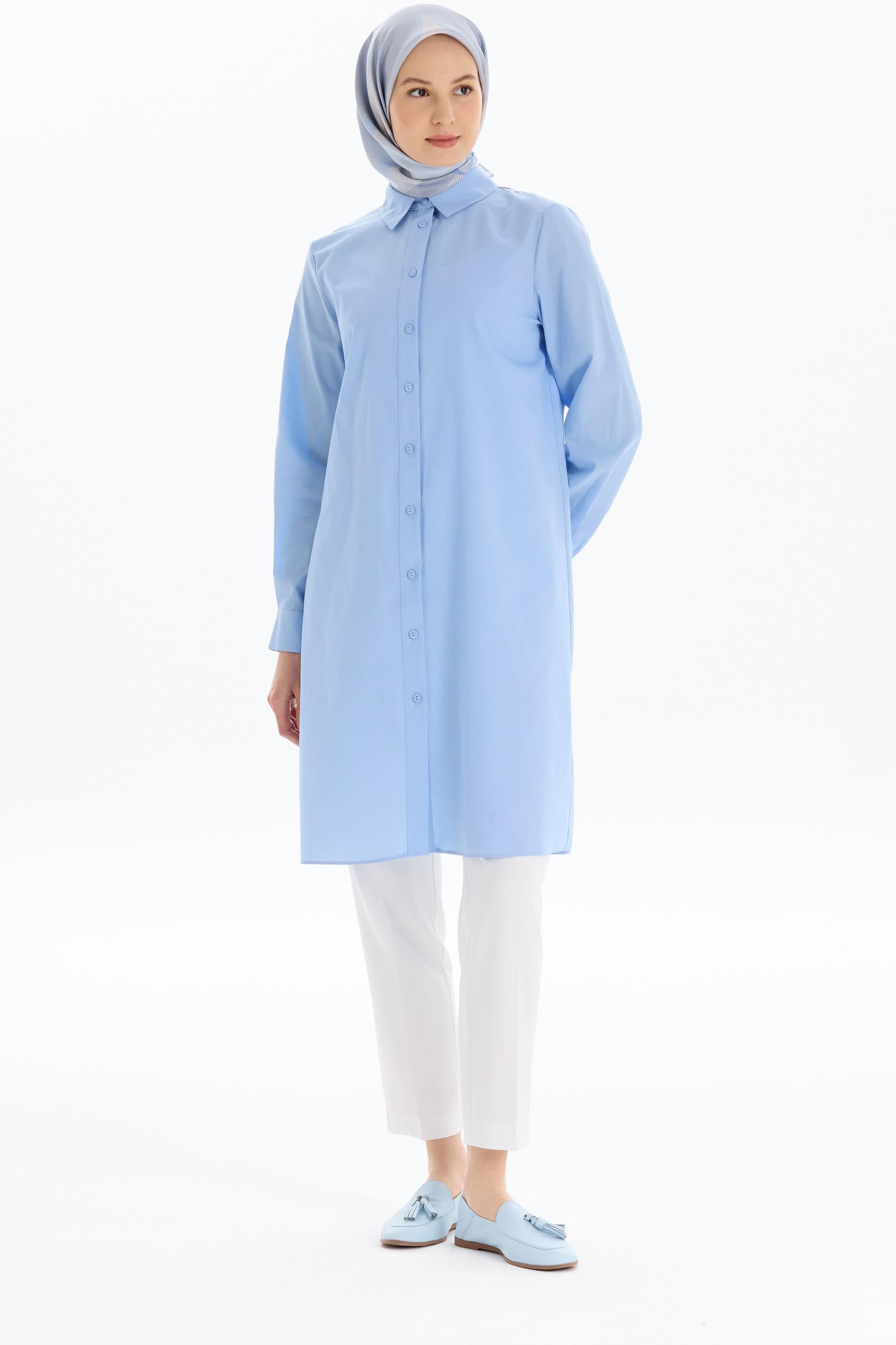 Uzun Basic Gömlek - Açık Mavi TUGBA