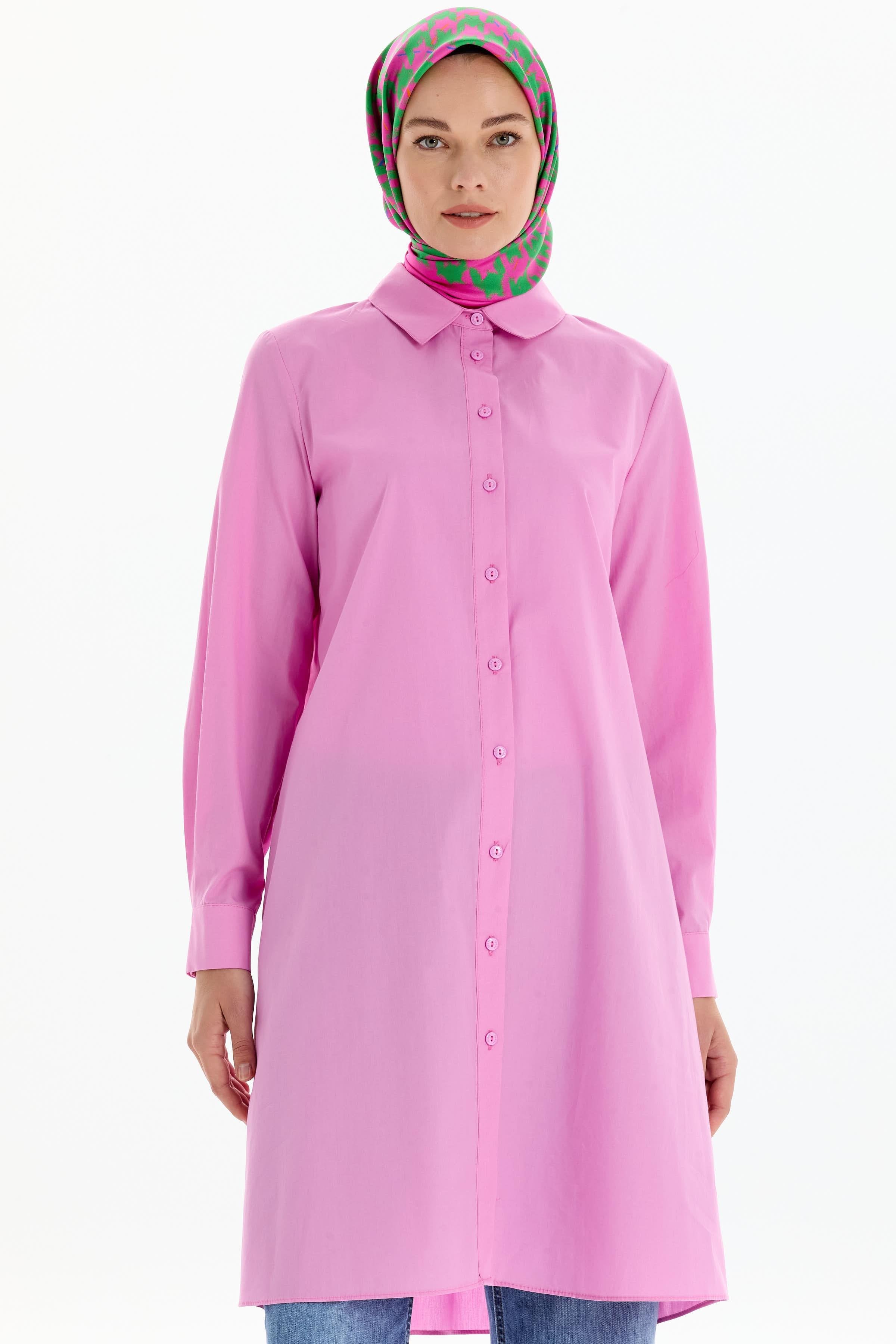Uzun Basic Gömlek - Pembe TUGBA