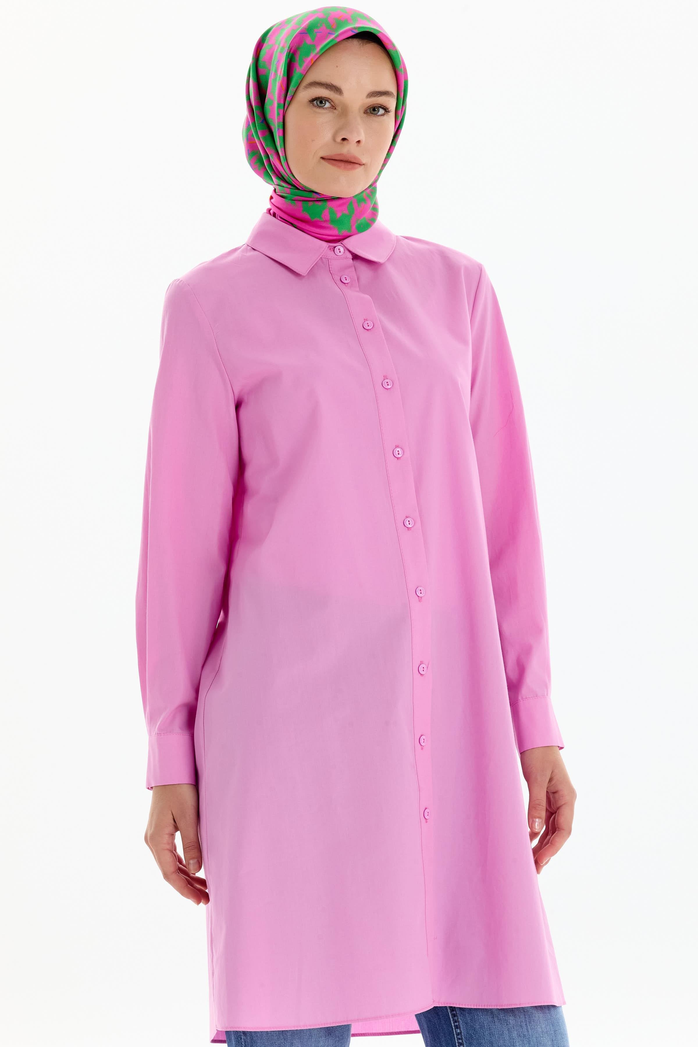 Uzun Basic Gömlek - Pembe TUGBA