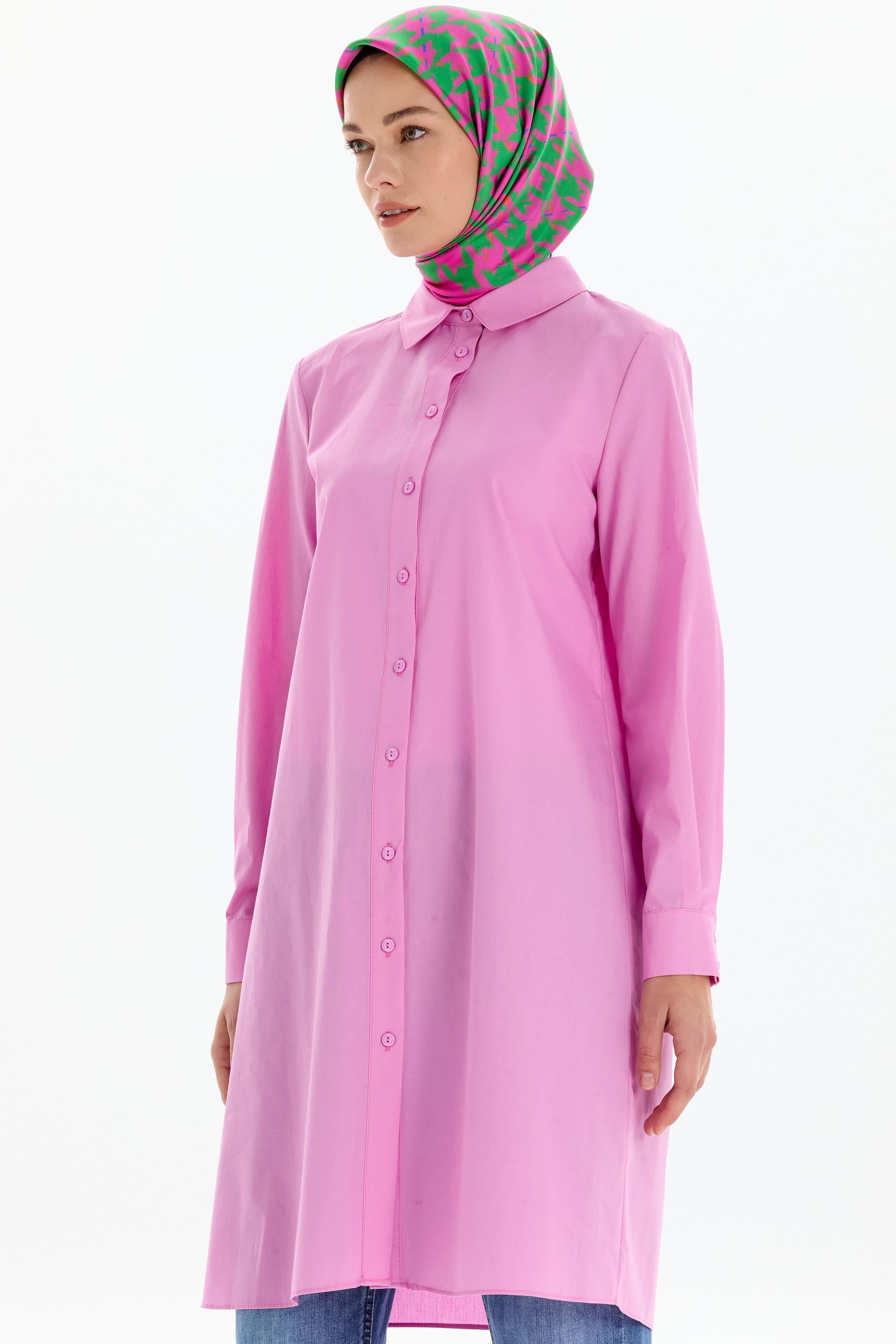 Uzun Basic Gömlek - Pembe TUGBA