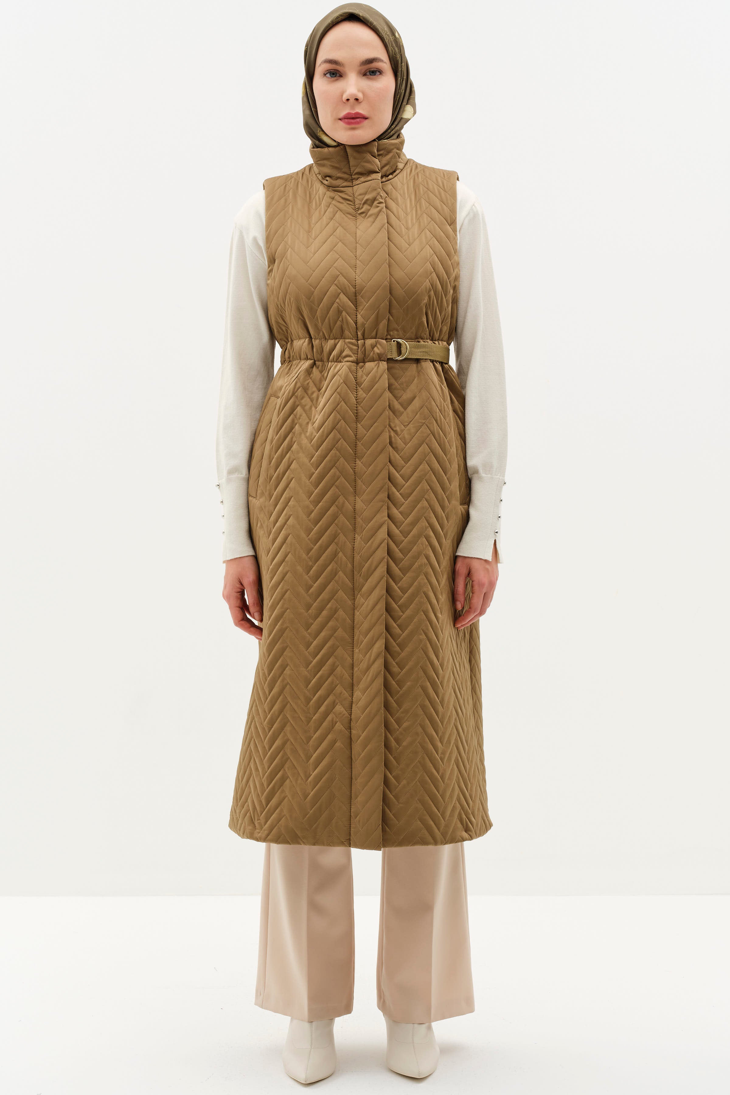 Uzun Kapitone Yelek - Olive TUĞBA