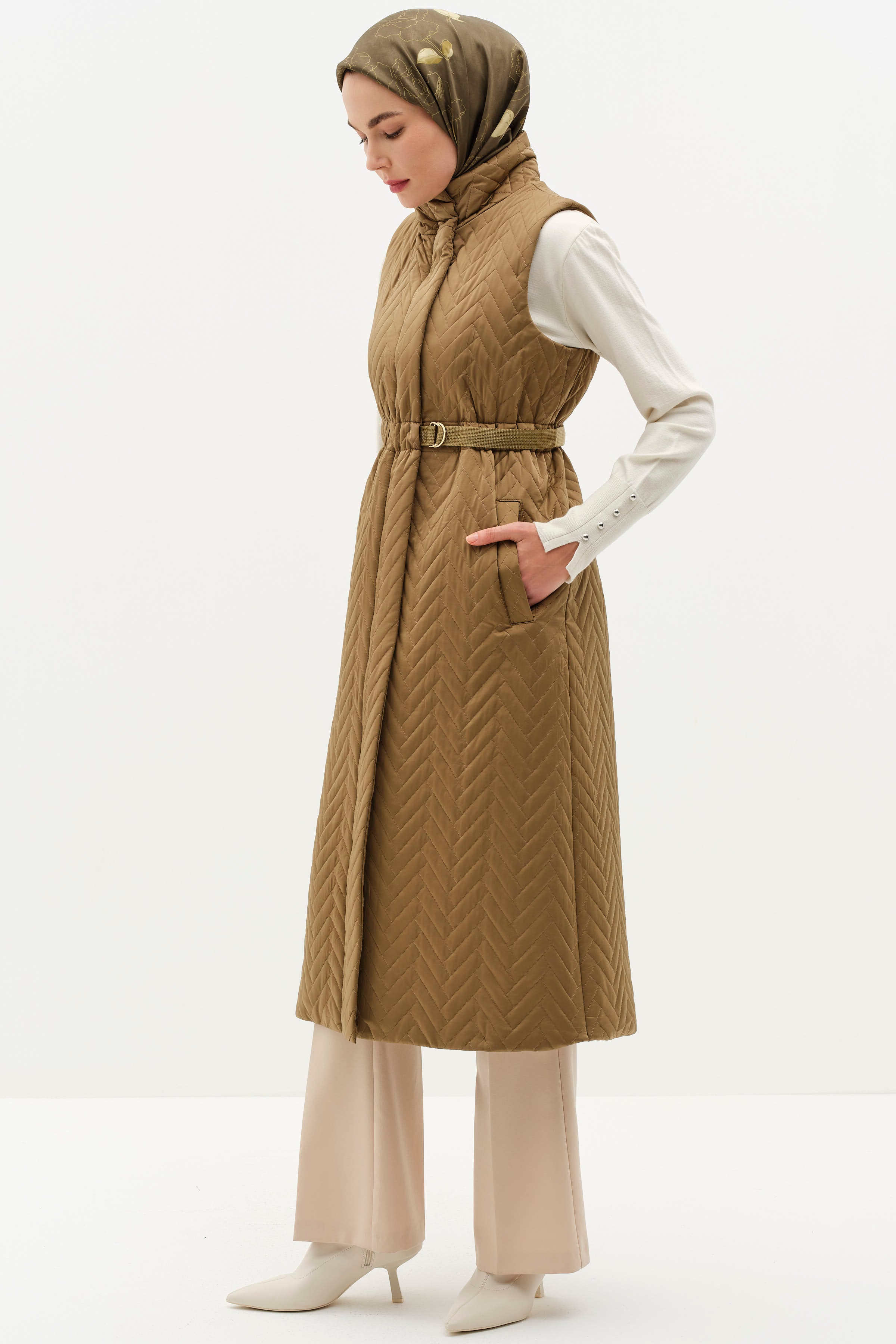 Uzun Kapitone Yelek - Olive TUĞBA