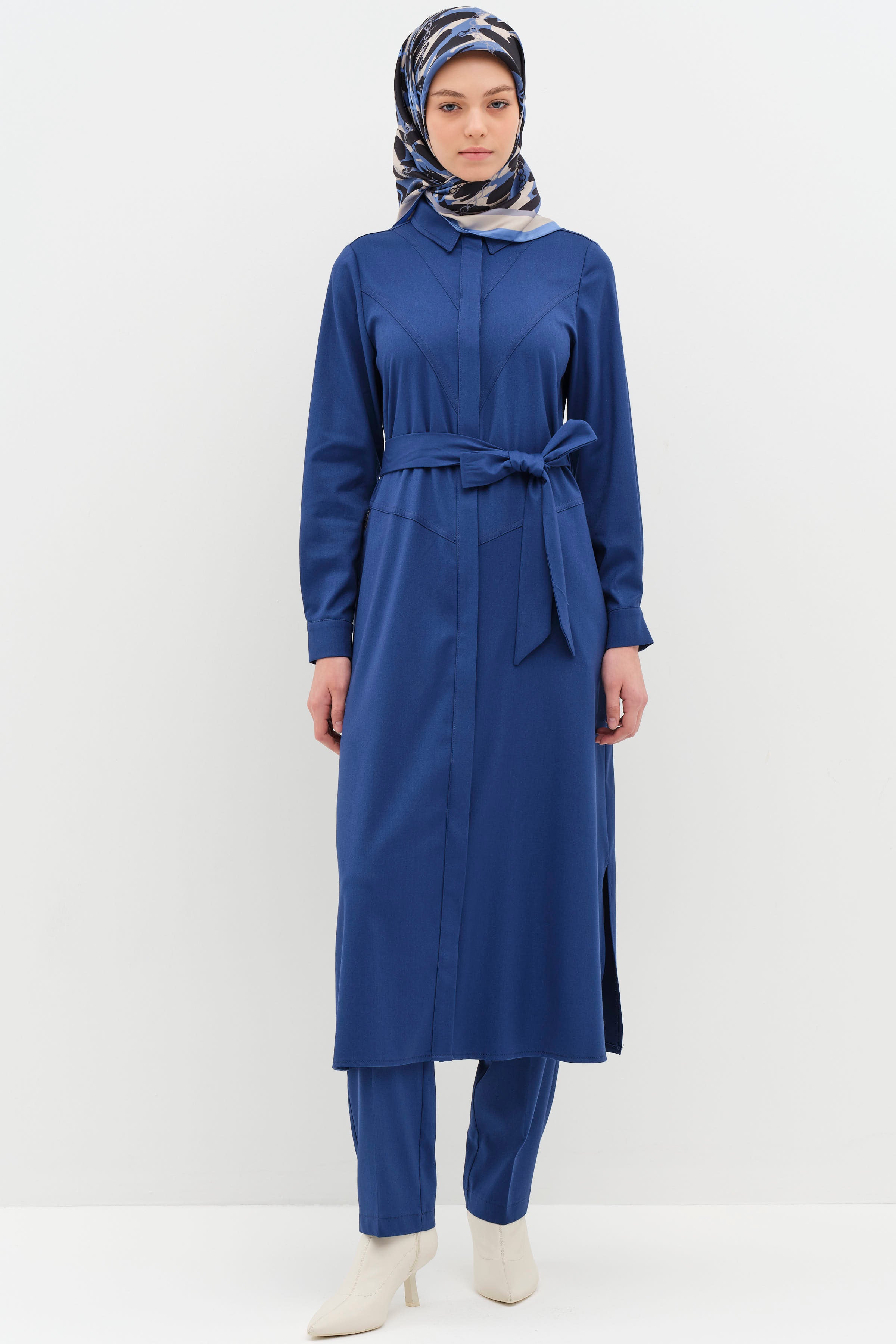 Uzun Tunik Pantolon Takım - İndigo TUGBA