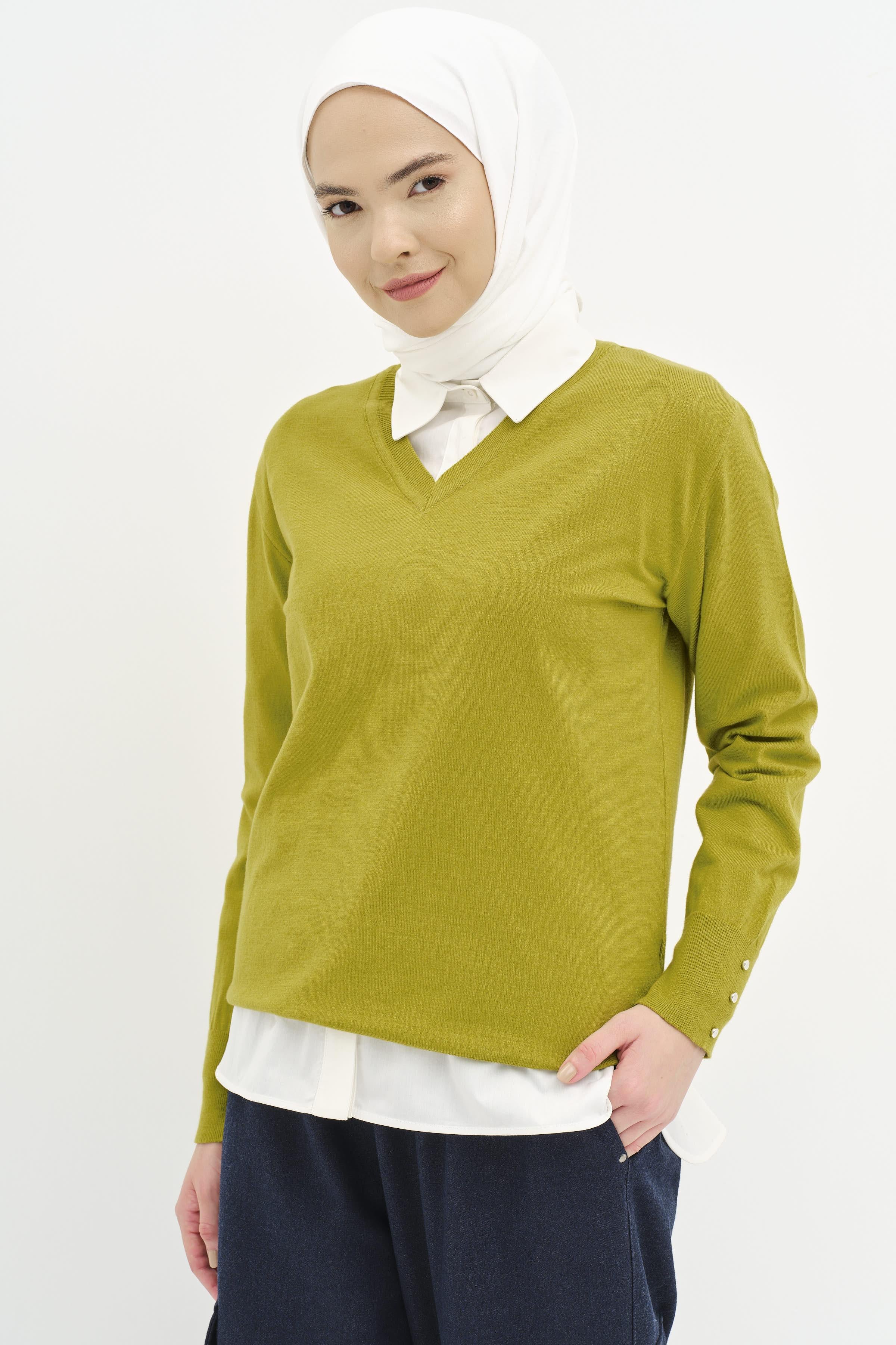 V Yaka Kol Düğme Detaylı Kazak - Asit TUGBA