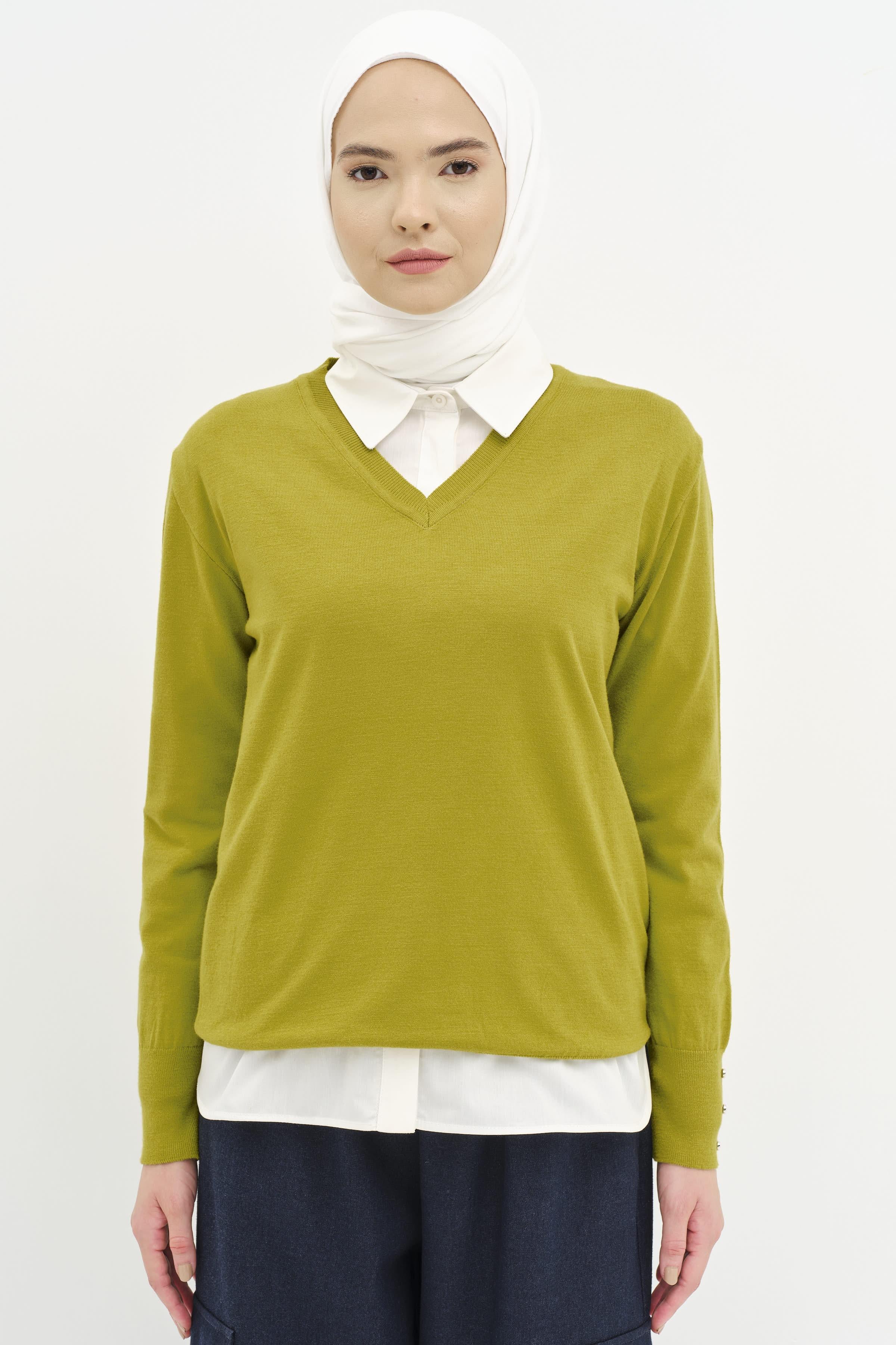 V Yaka Kol Düğme Detaylı Kazak - Asit TUGBA