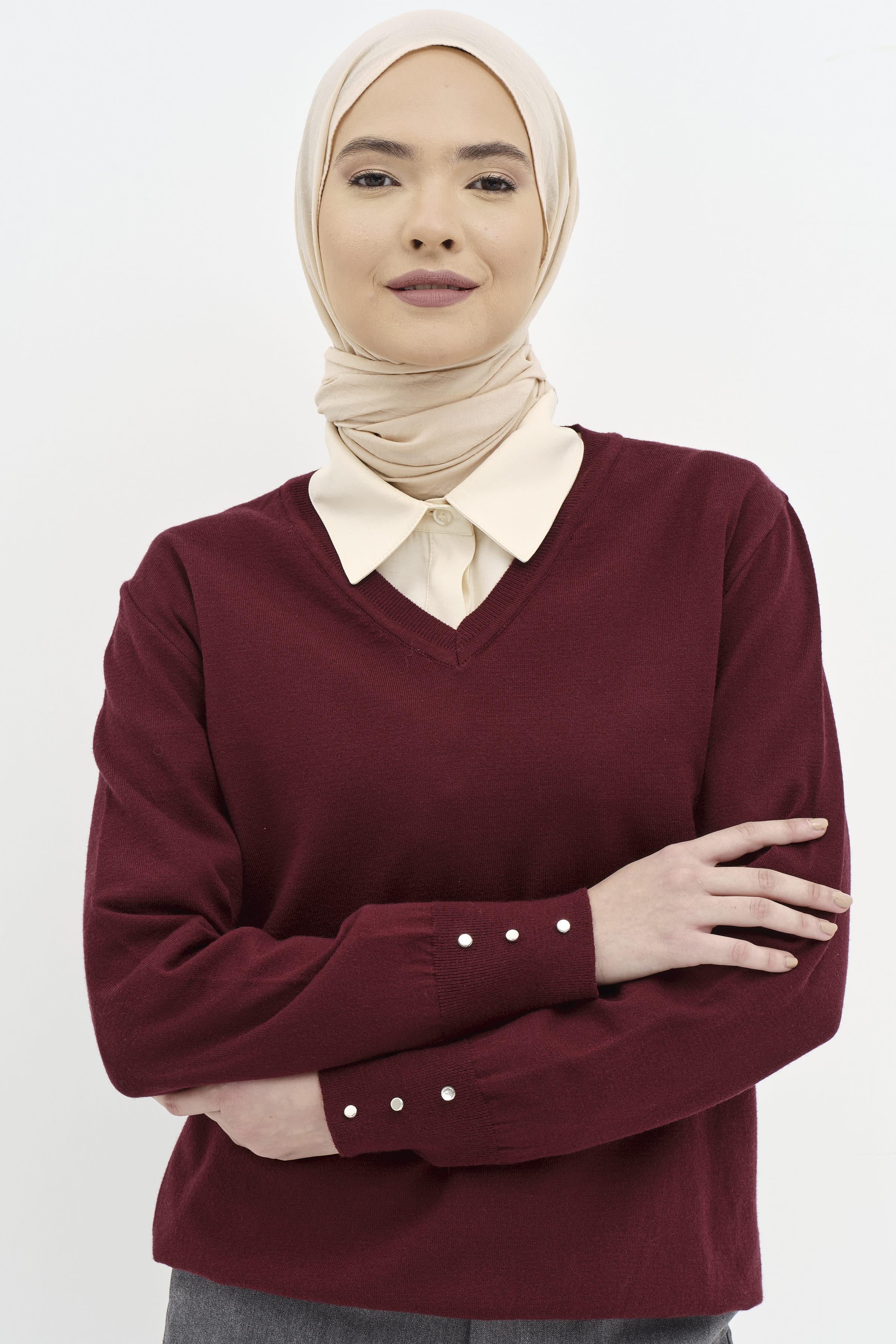 V Yaka Kol Düğme Detaylı Kazak - Bordo TUGBA