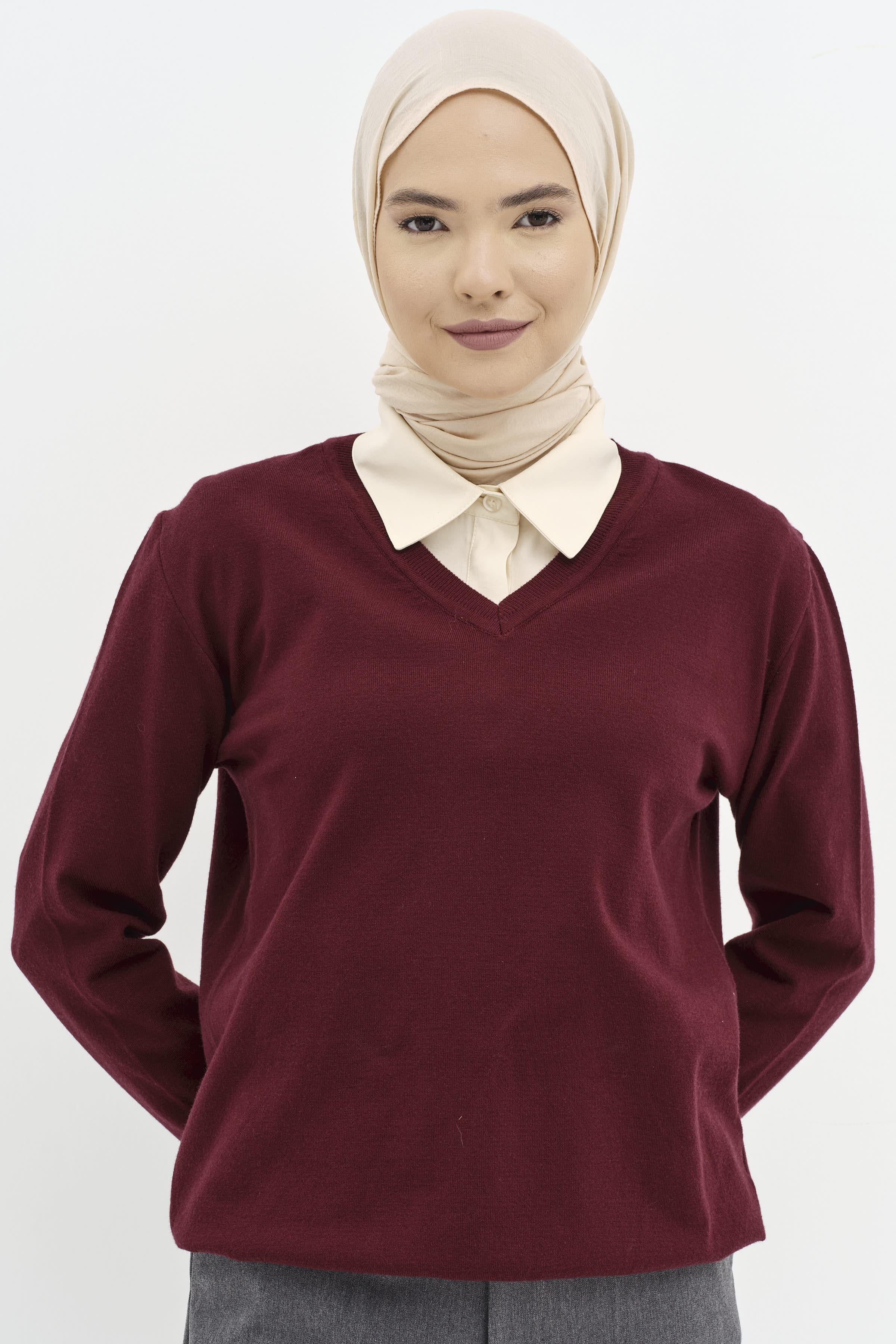 V Yaka Kol Düğme Detaylı Kazak - Bordo TUGBA