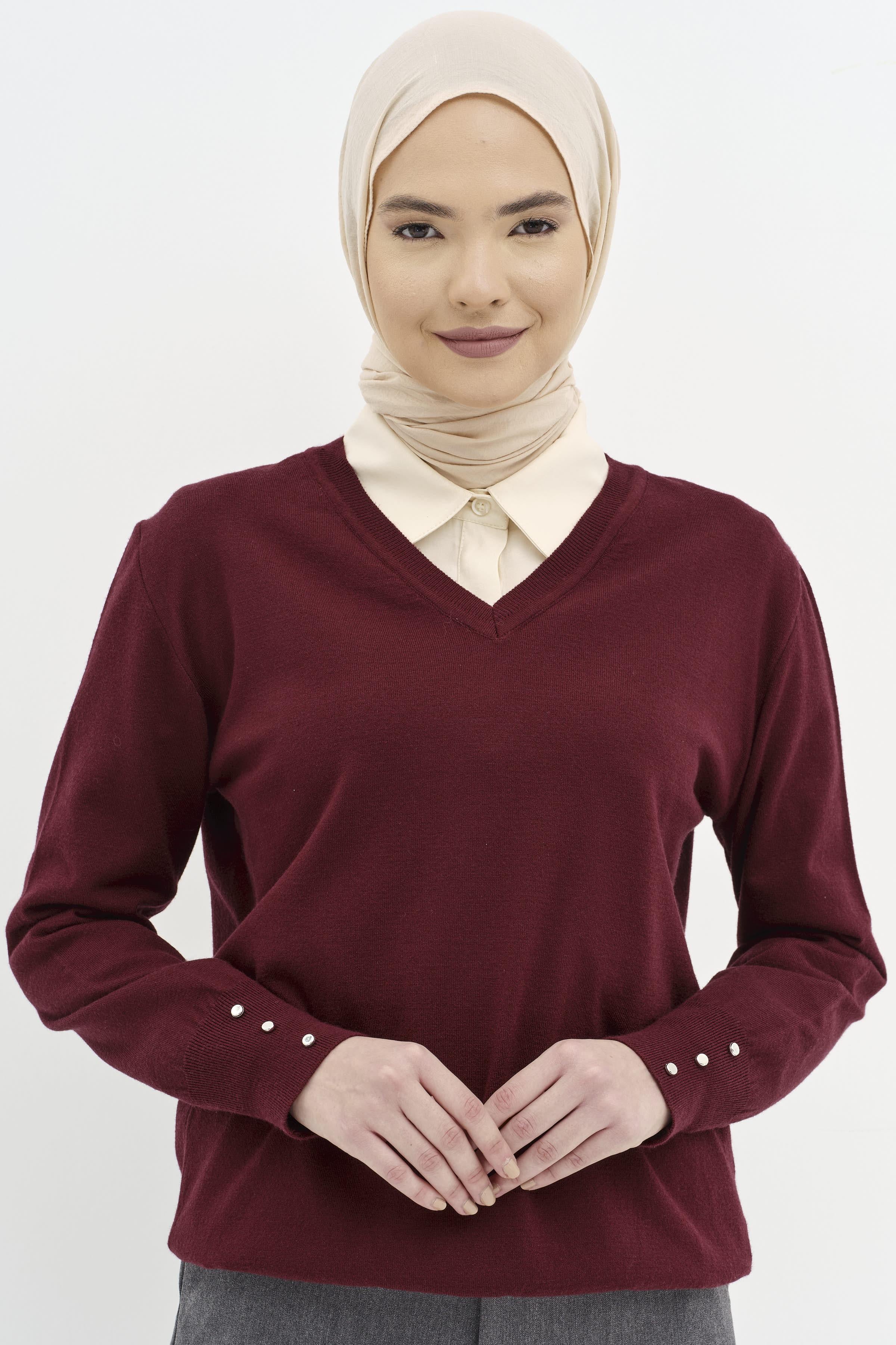 V Yaka Kol Düğme Detaylı Kazak - Bordo TUGBA