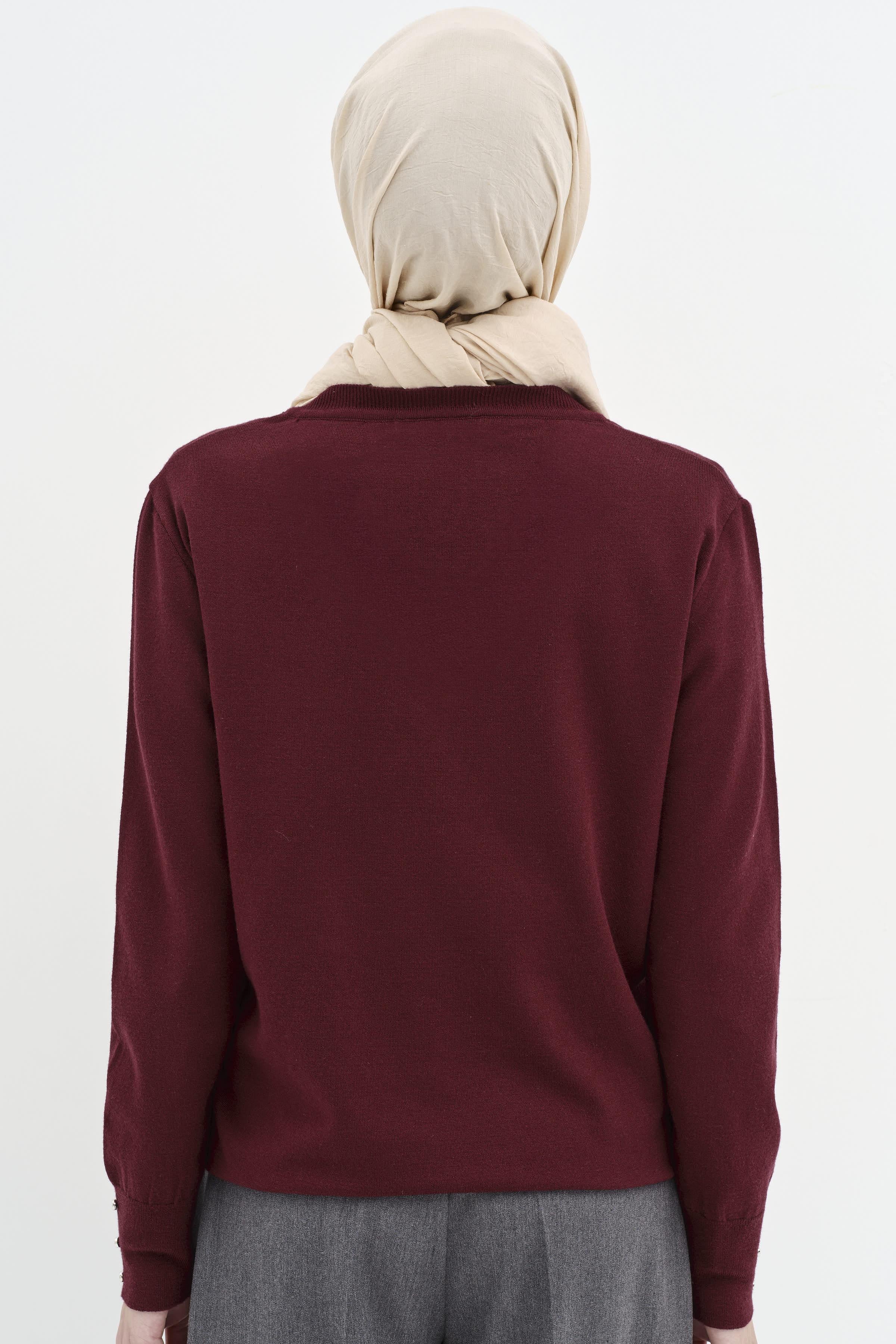 V Yaka Kol Düğme Detaylı Kazak - Bordo TUGBA