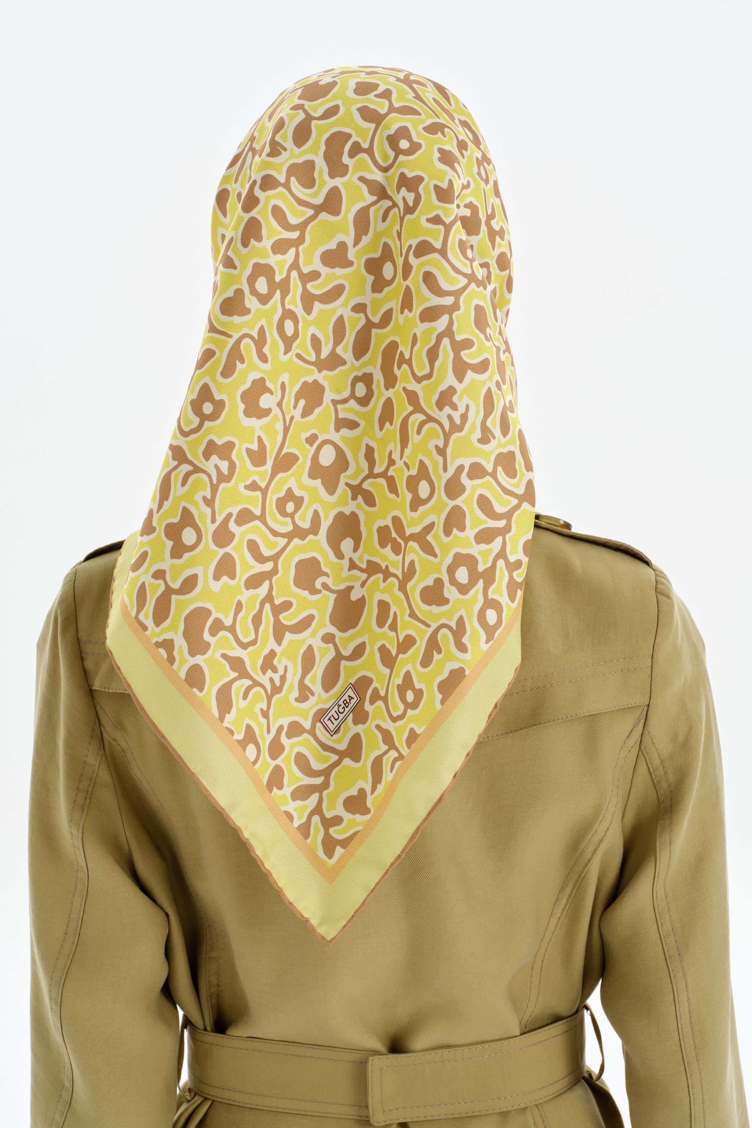 Vektörel Çiçek Desen Twill İpek Eşarp - Fıstık Yeşili TUGBA