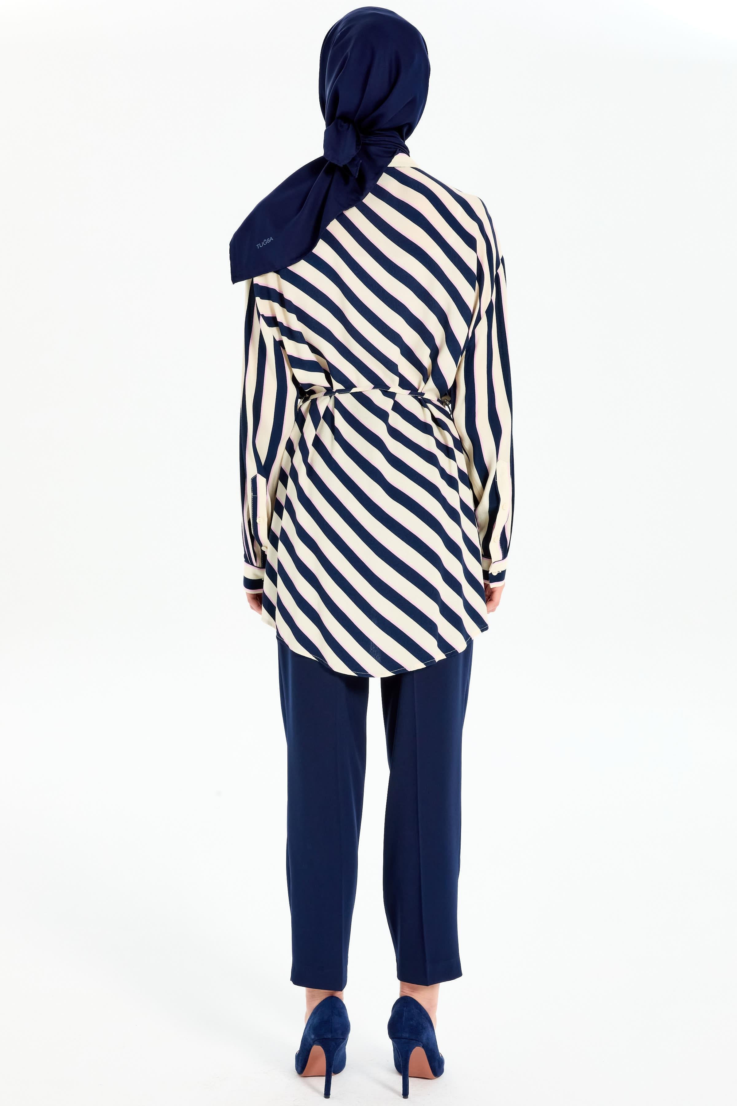 Verev Çizgili Bel Bağcıklı Gömlek - Lacivert TUGBA