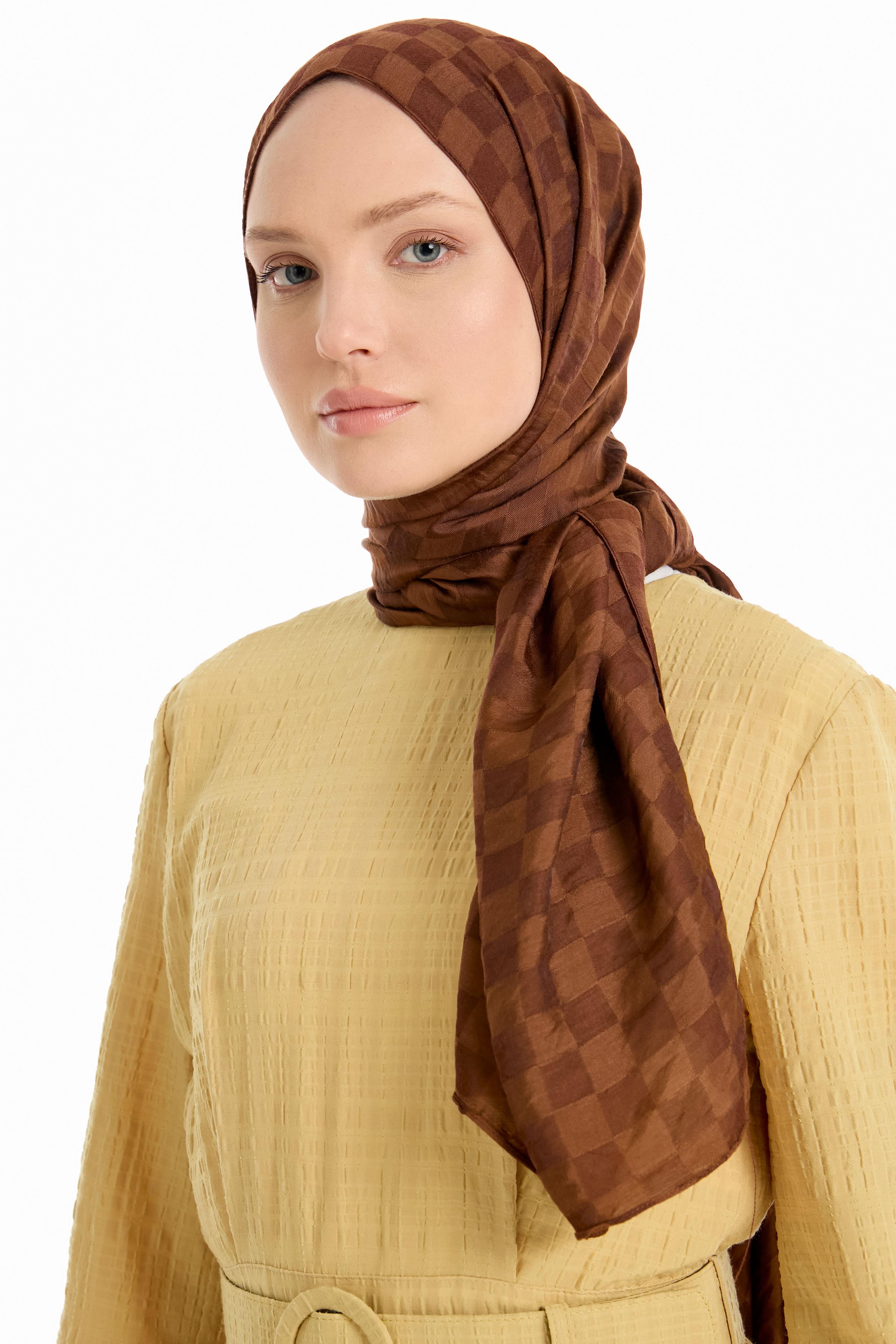 Dama Desen Viskon Şal - Açık Kahve TUGBA